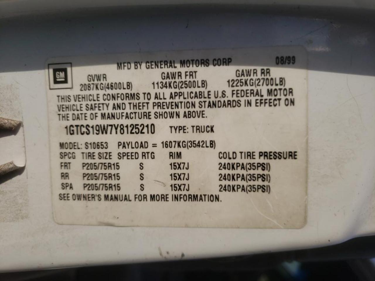 Photo 10 from auction – 2000 GMC SONOMA with VIN 1GTCS19W7Y8125210