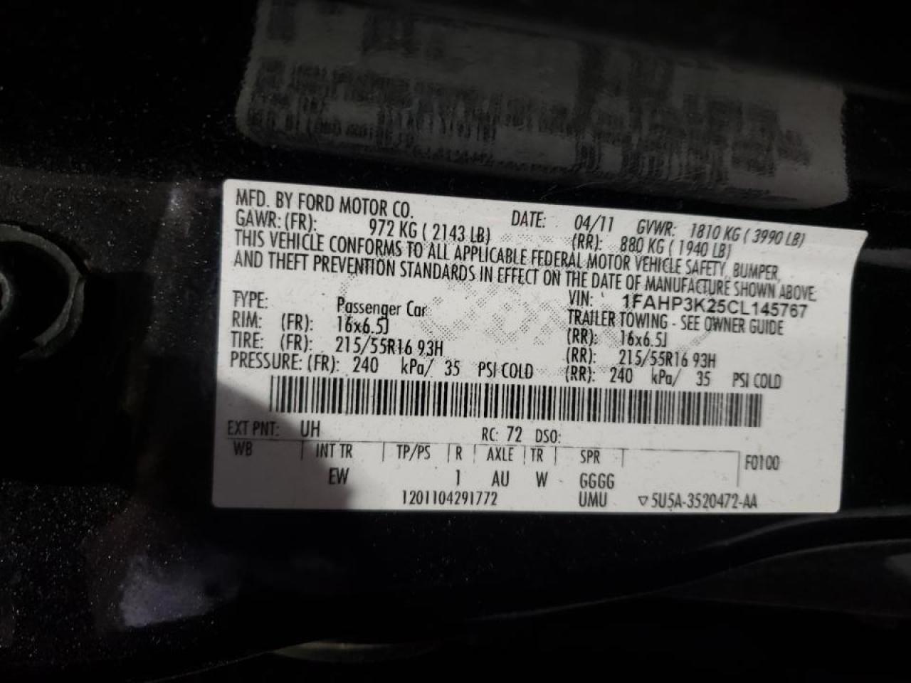 Photo 10 from auction – 2012 FORD FOCUS SE with VIN 1FAHP3K25CL145767