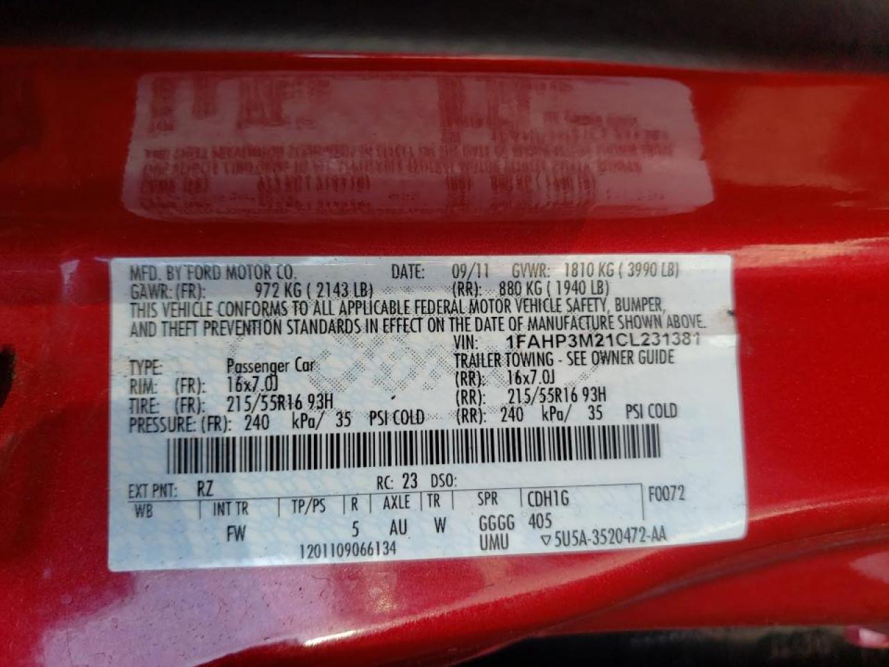 Photo 10 from auction – 2012 FORD FOCUS SEL with VIN 1FAHP3M21CL231381