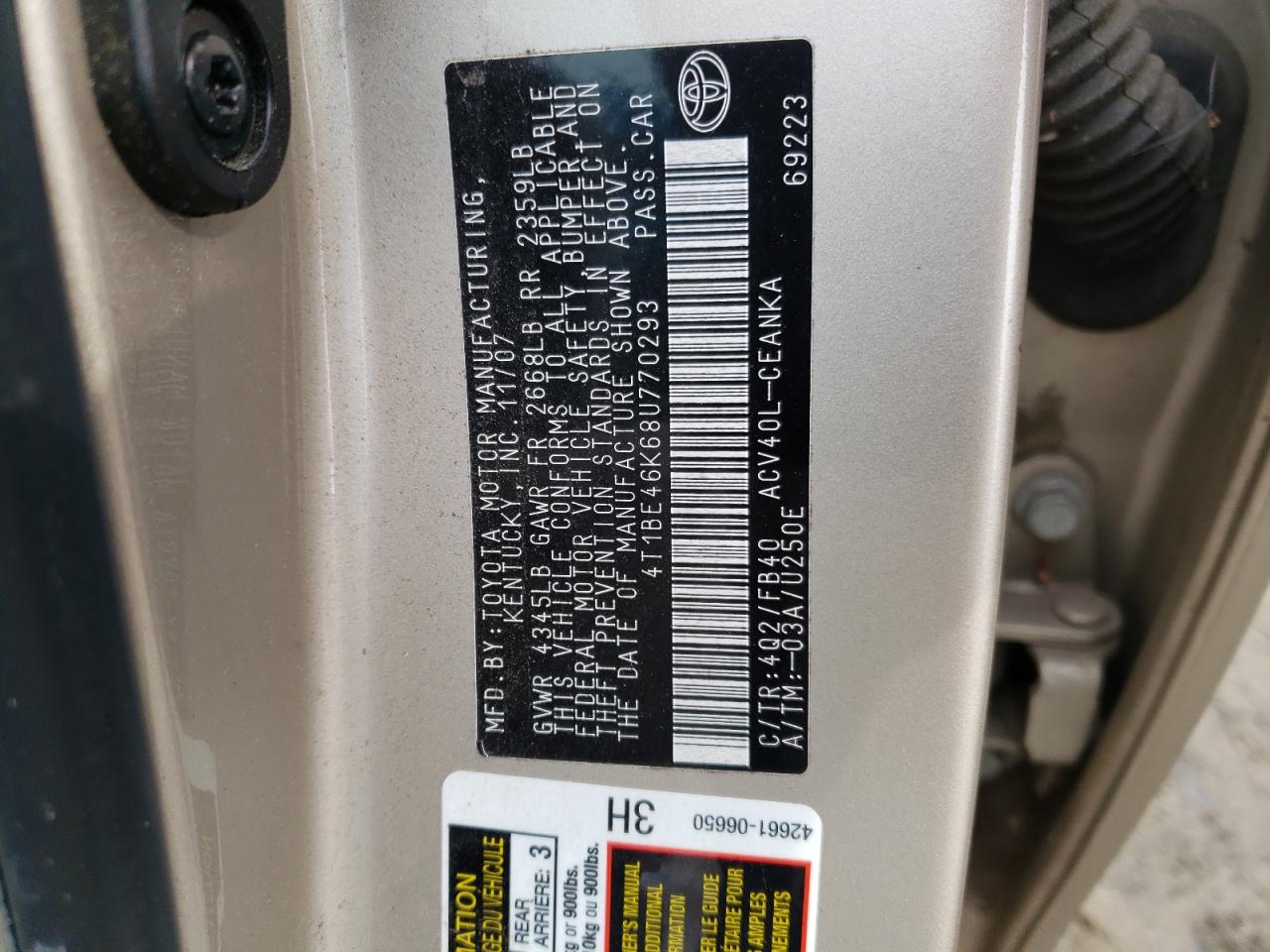 Photo 10 from auction – 2008 TOYOTA CAMRY CE with VIN 4T1BE46K68U770293