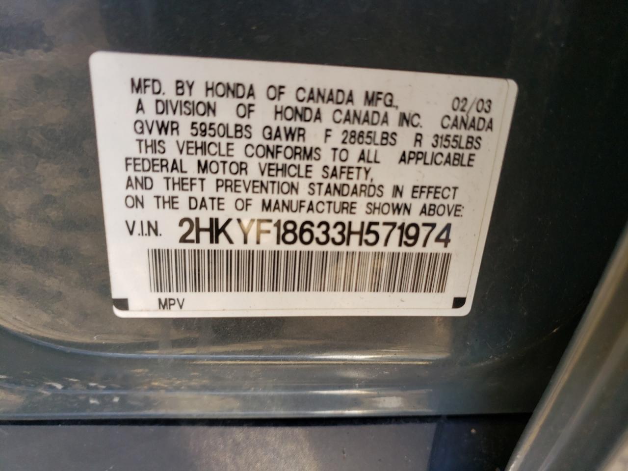 Photo 10 from auction – 2003 HONDA PILOT EXL with VIN 2HKYF18633H571974
