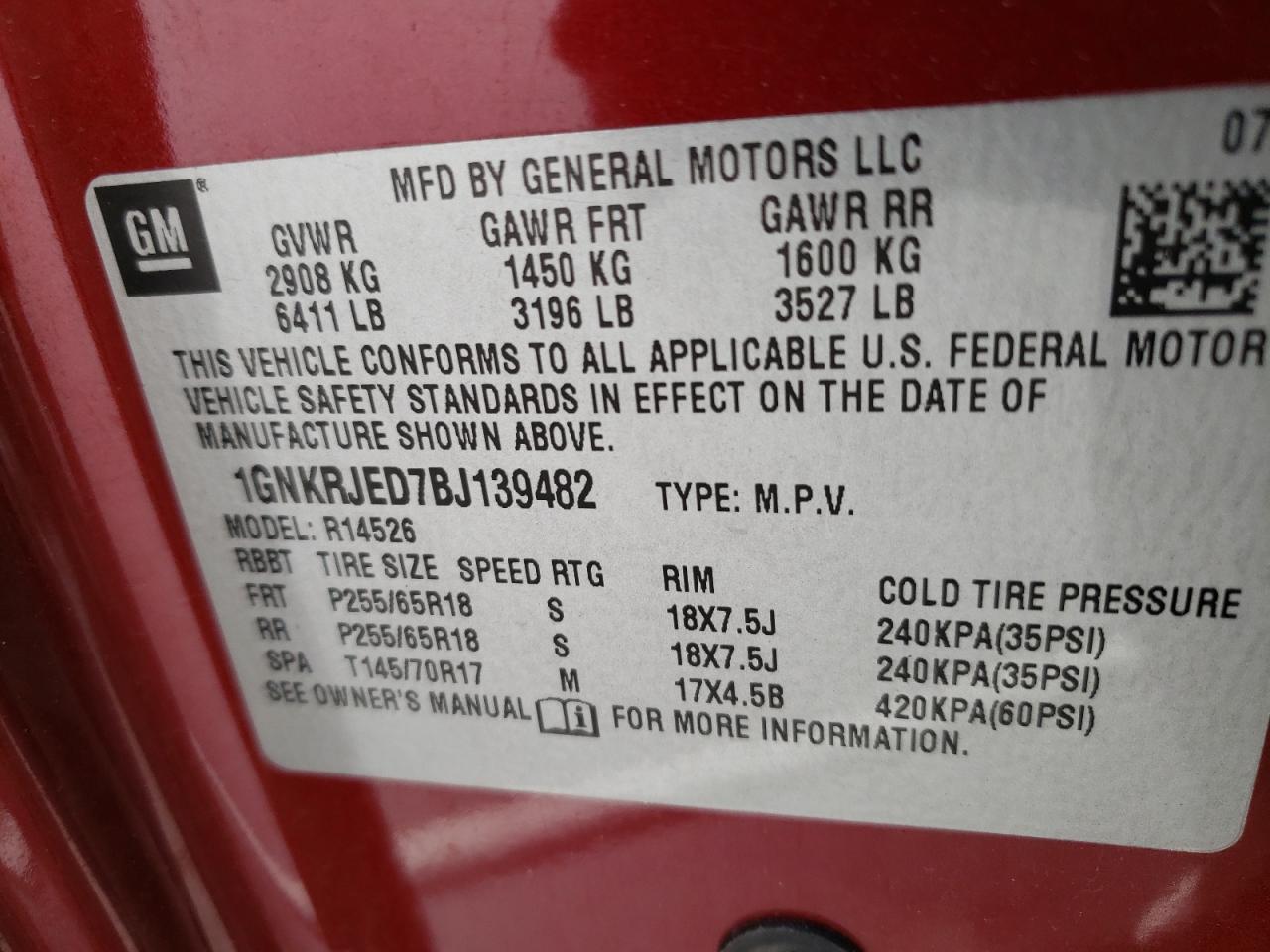 Photo 10 from auction – 2011 CHEVROLET TRAVERSE L with VIN 1GNKRJED7BJ139482