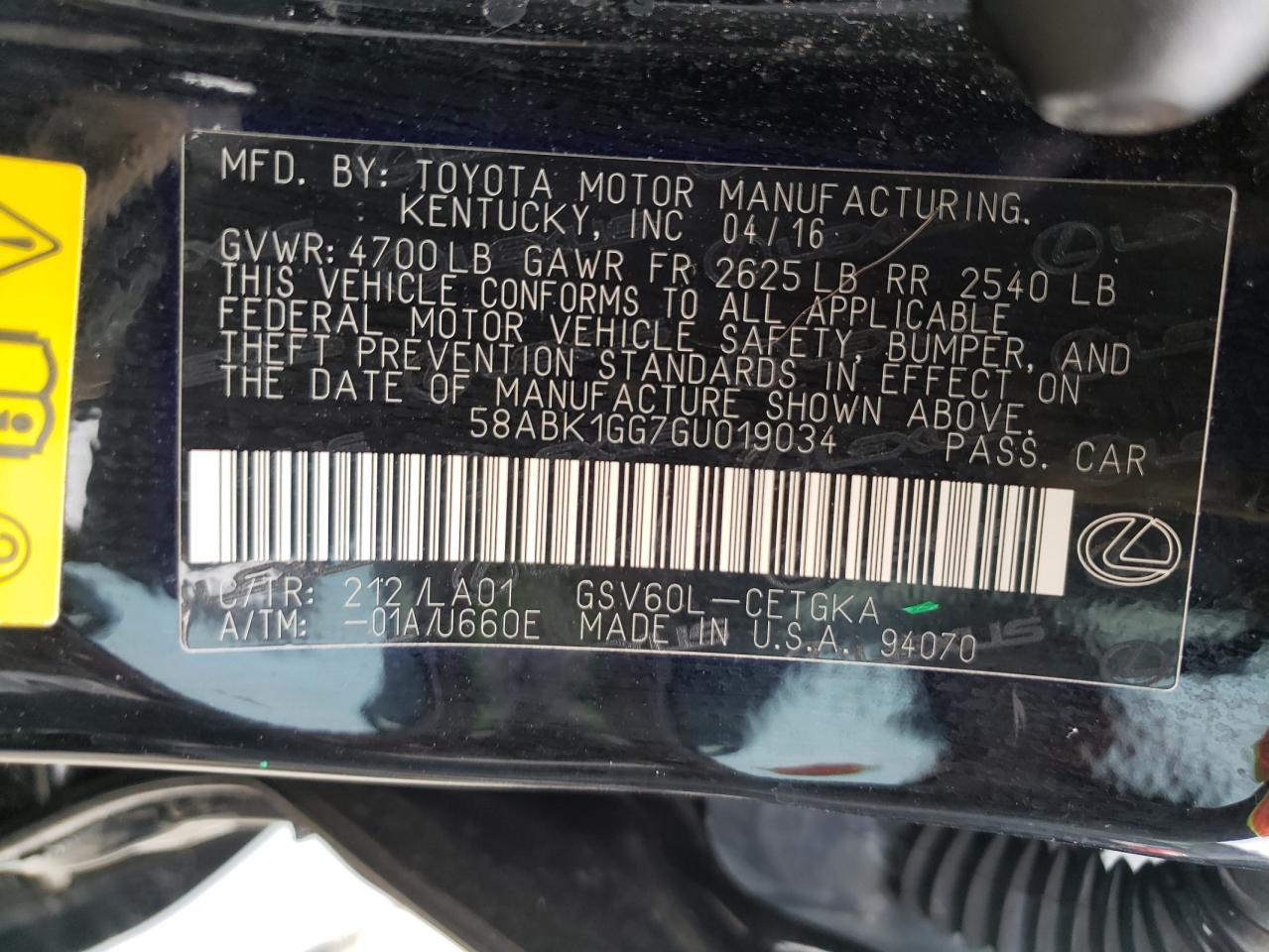 Photo 10 from auction – 2016 LEXUS ES 350 with VIN 58ABK1GG7GU019034
