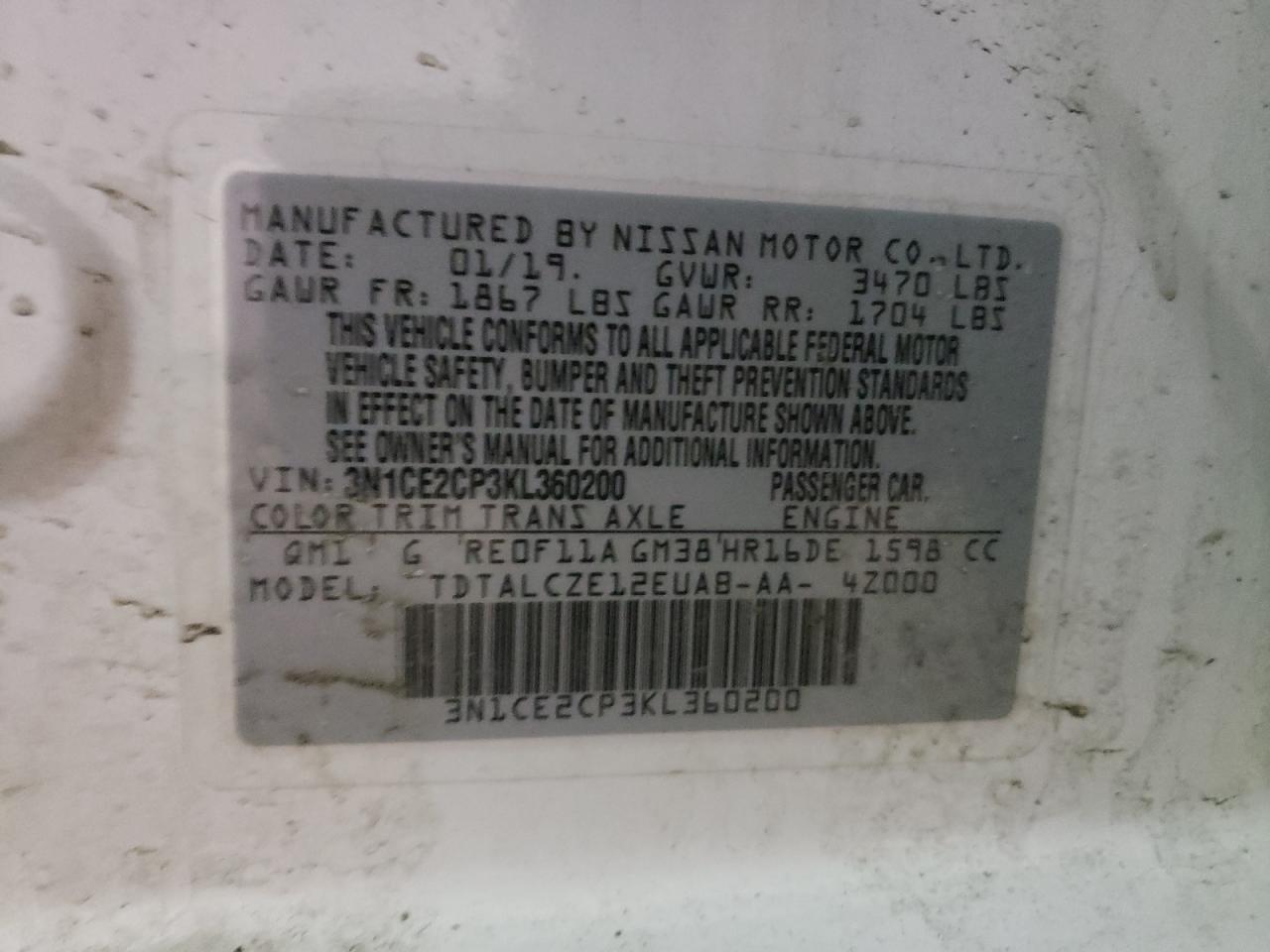 Photo 10 from auction – 2019 NISSAN VERSA NOTE with VIN 3N1CE2CP3KL360200