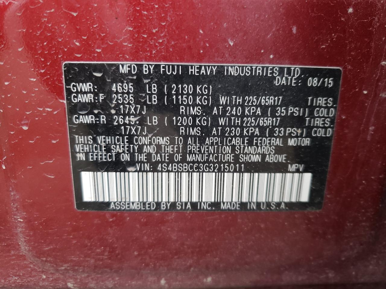 Photo 10 from auction – 2016 SUBARU OUTBACK 2. with VIN 4S4BSBCC3G3215011