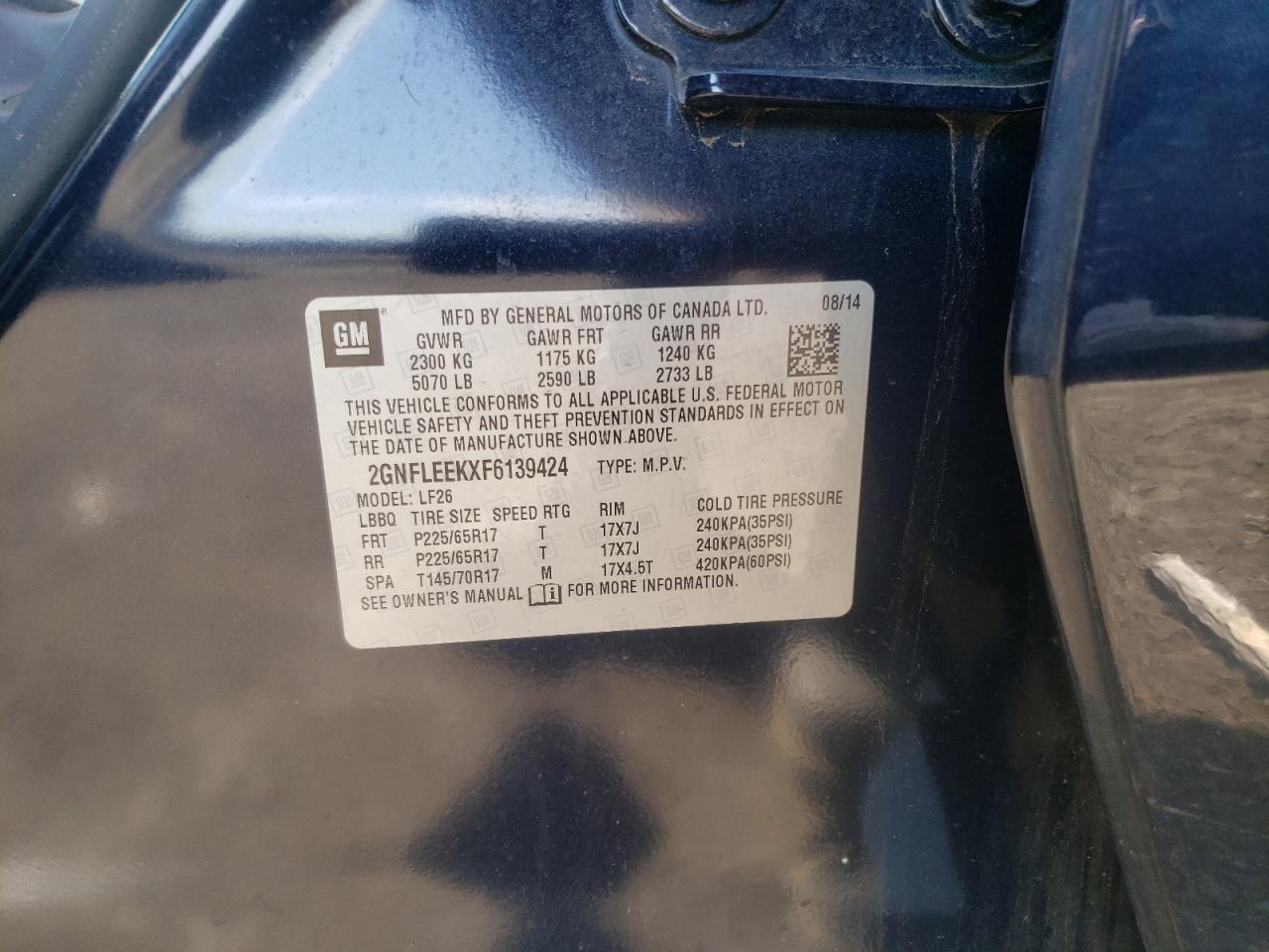 Photo 10 from auction – 2015 CHEVROLET EQUINOX LS with VIN 2GNFLEEKXF6139424