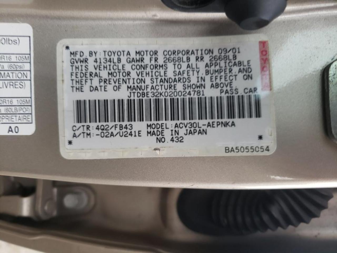 Photo 10 from auction – 2002 TOYOTA CAMRY LE with VIN JTDBE32K020024781