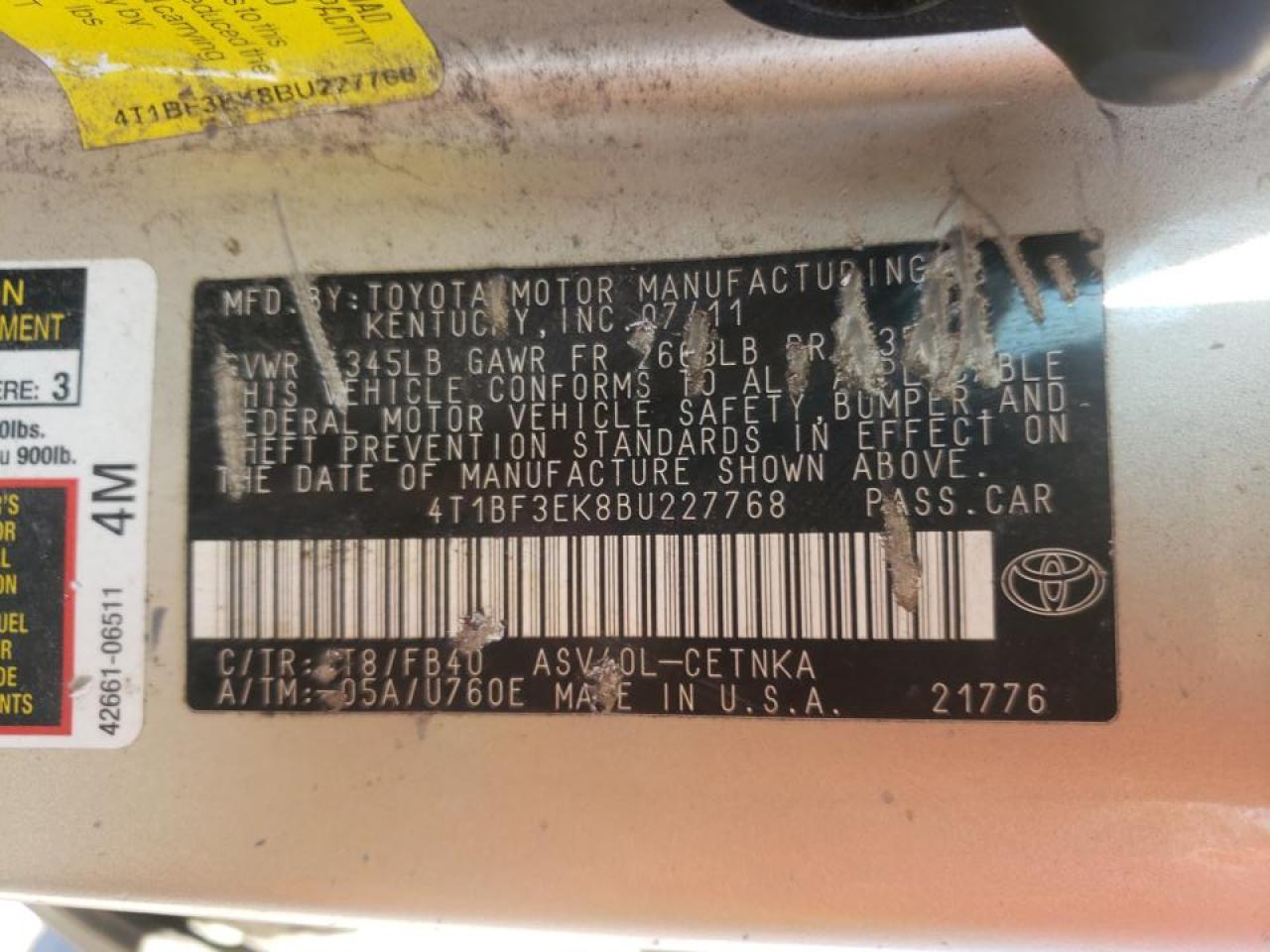 Photo 10 from auction – 2011 TOYOTA CAMRY BASE with VIN 4T1BF3EK8BU227768