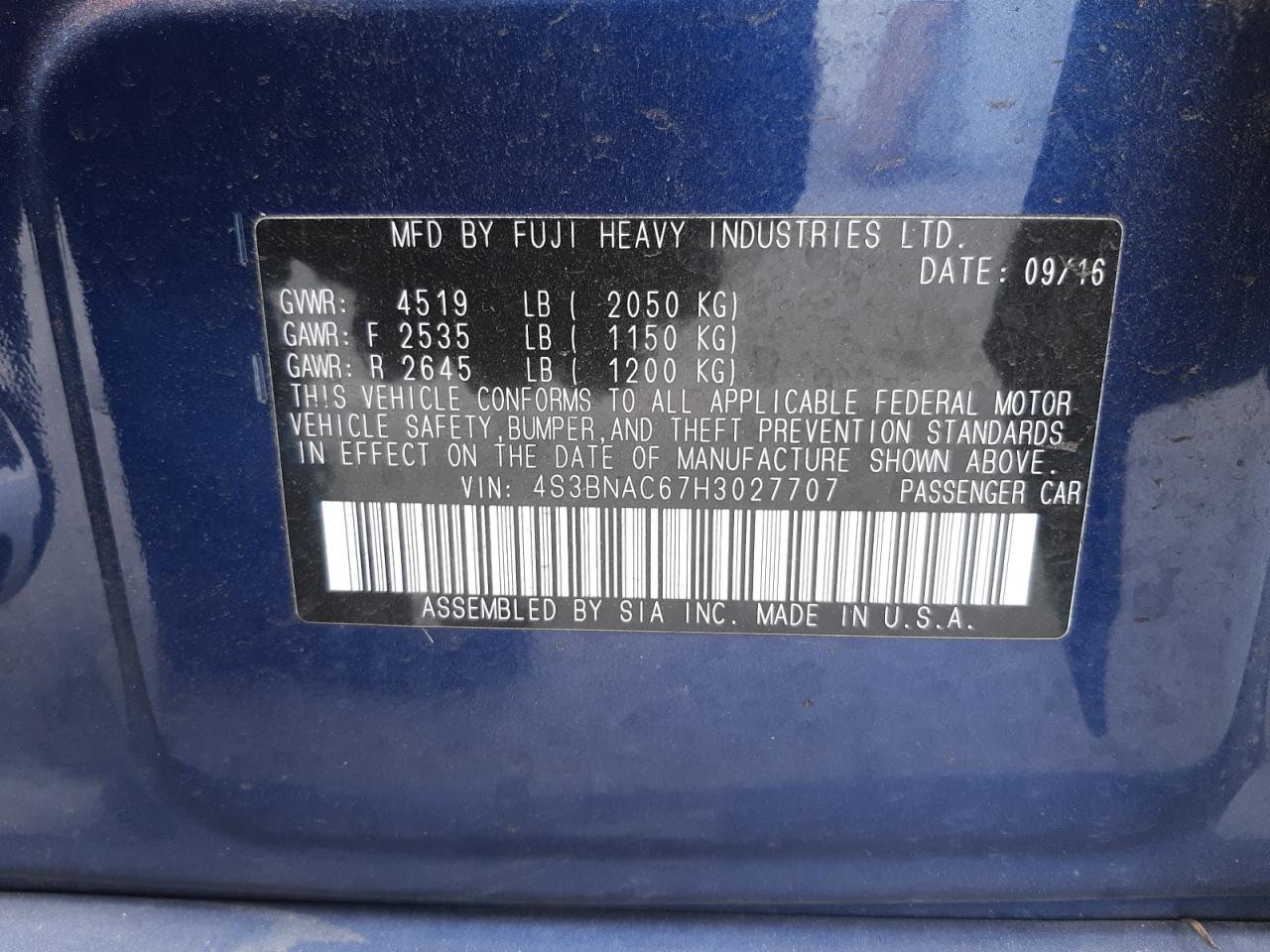 Photo 10 from auction – 2017 SUBARU LEGACY 2.5 with VIN 4S3BNAC67H3027707
