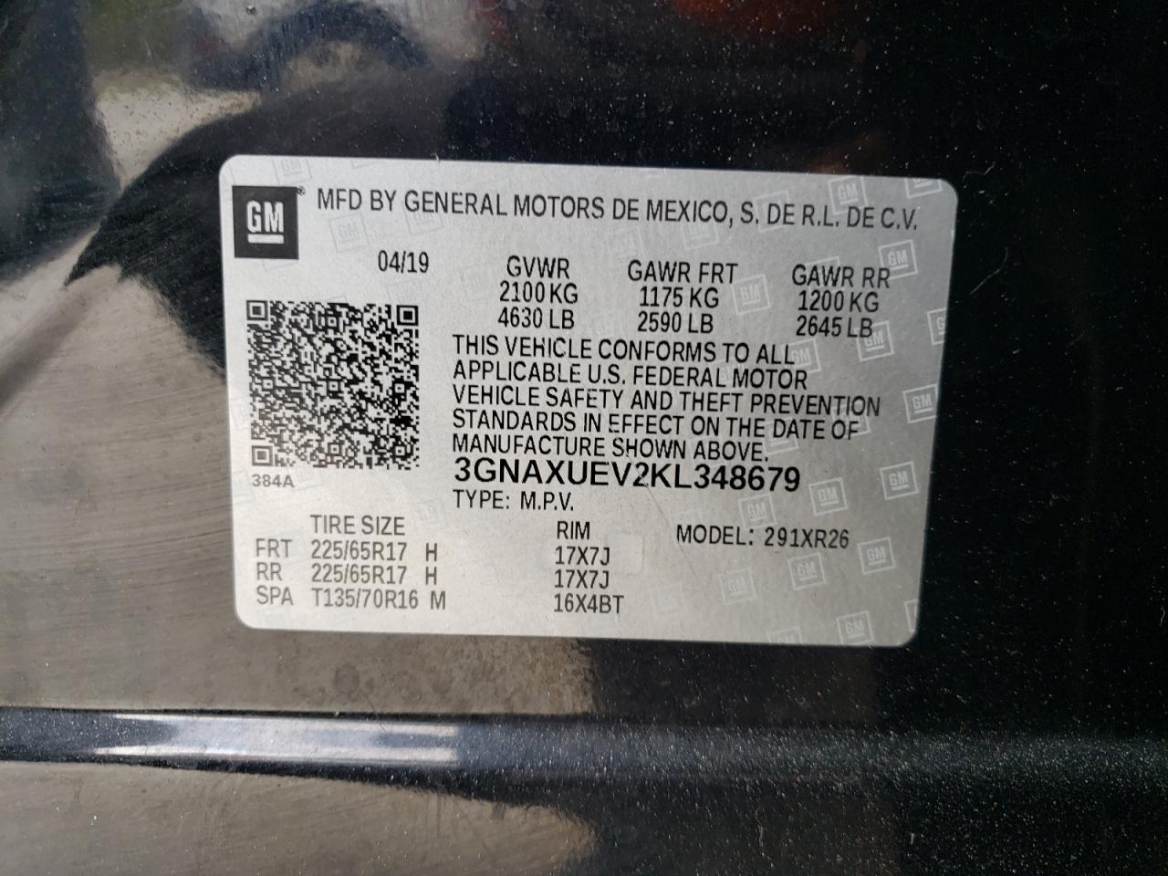 Photo 10 from auction – 2019 CHEVROLET EQUINOX LT with VIN 3GNAXUEV2KL348679