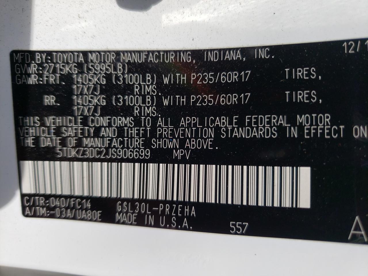 Photo 10 from auction – 2018 TOYOTA SIENNA LE with VIN 5TDKZ3DC2JS906699