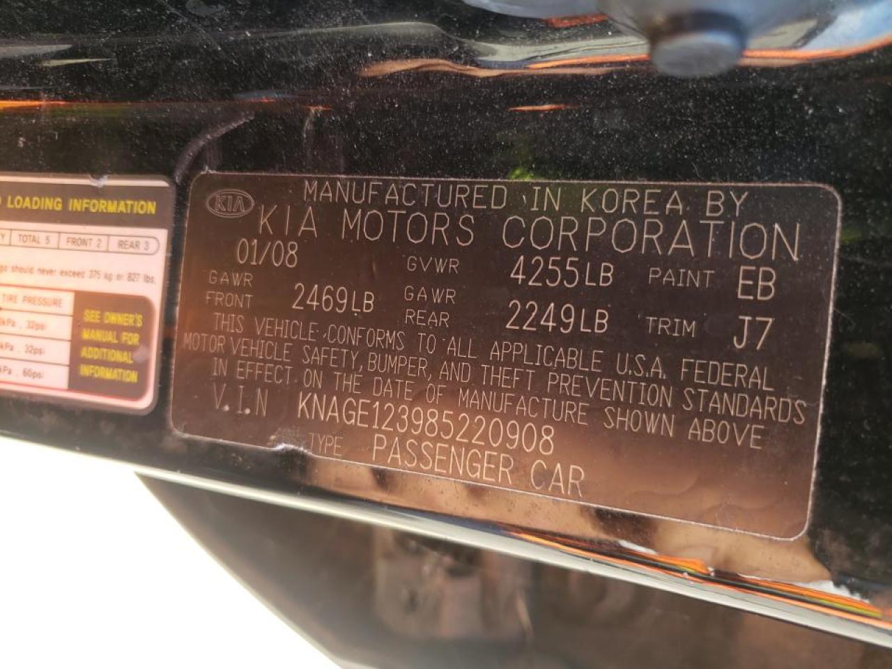 Photo 10 from auction – 2008 KIA OPTIMA LX with VIN KNAGE123985220908