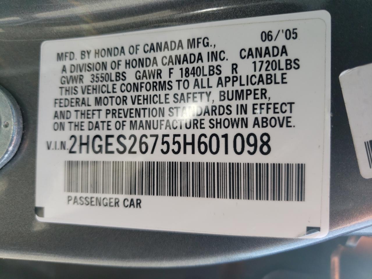 Photo 10 from auction – 2005 HONDA CIVIC EX with VIN 2HGES26755H601098
