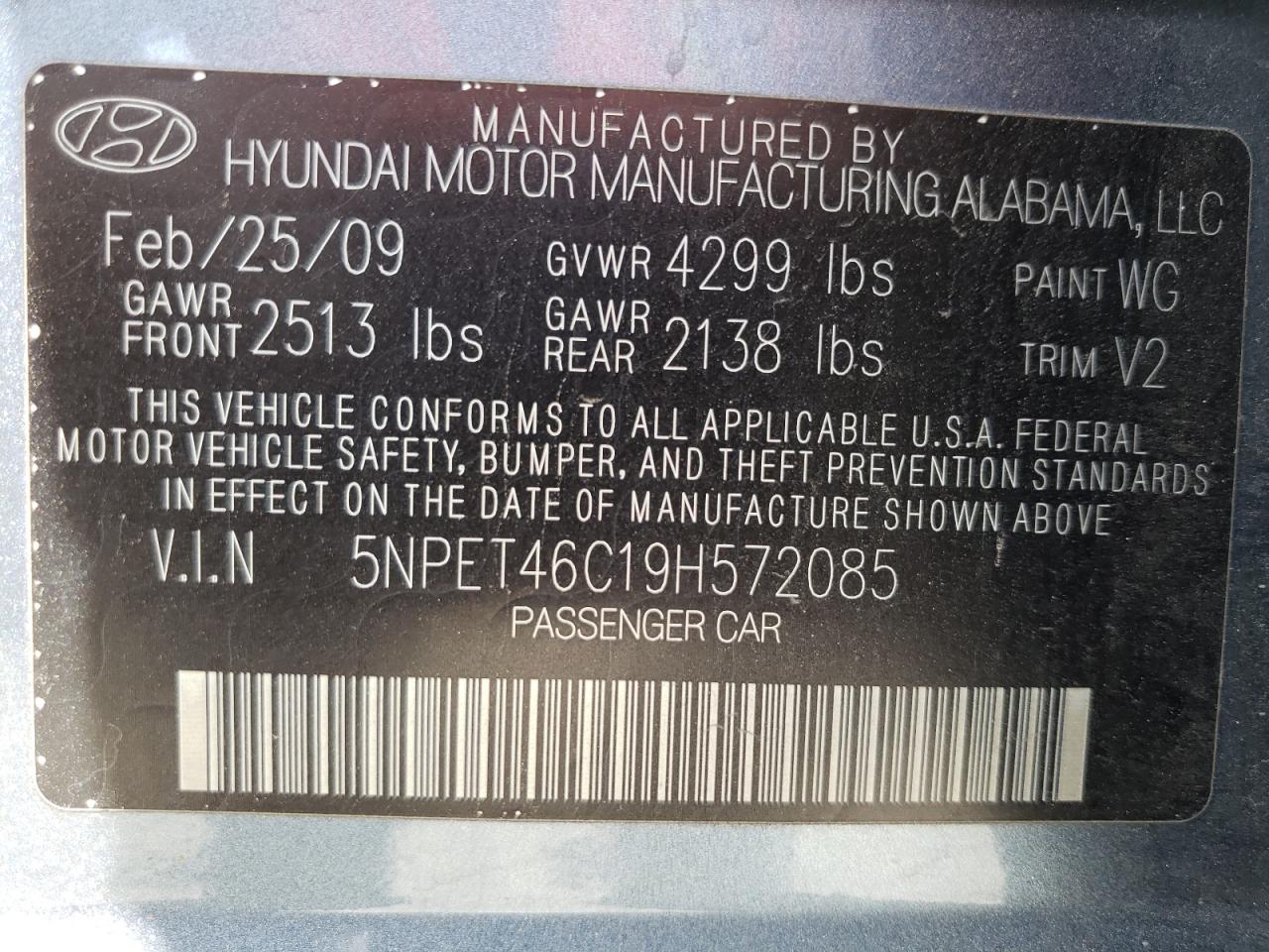 Photo 10 from auction – 2009 HYUNDAI SONATA GLS with VIN 5NPET46C19H572085