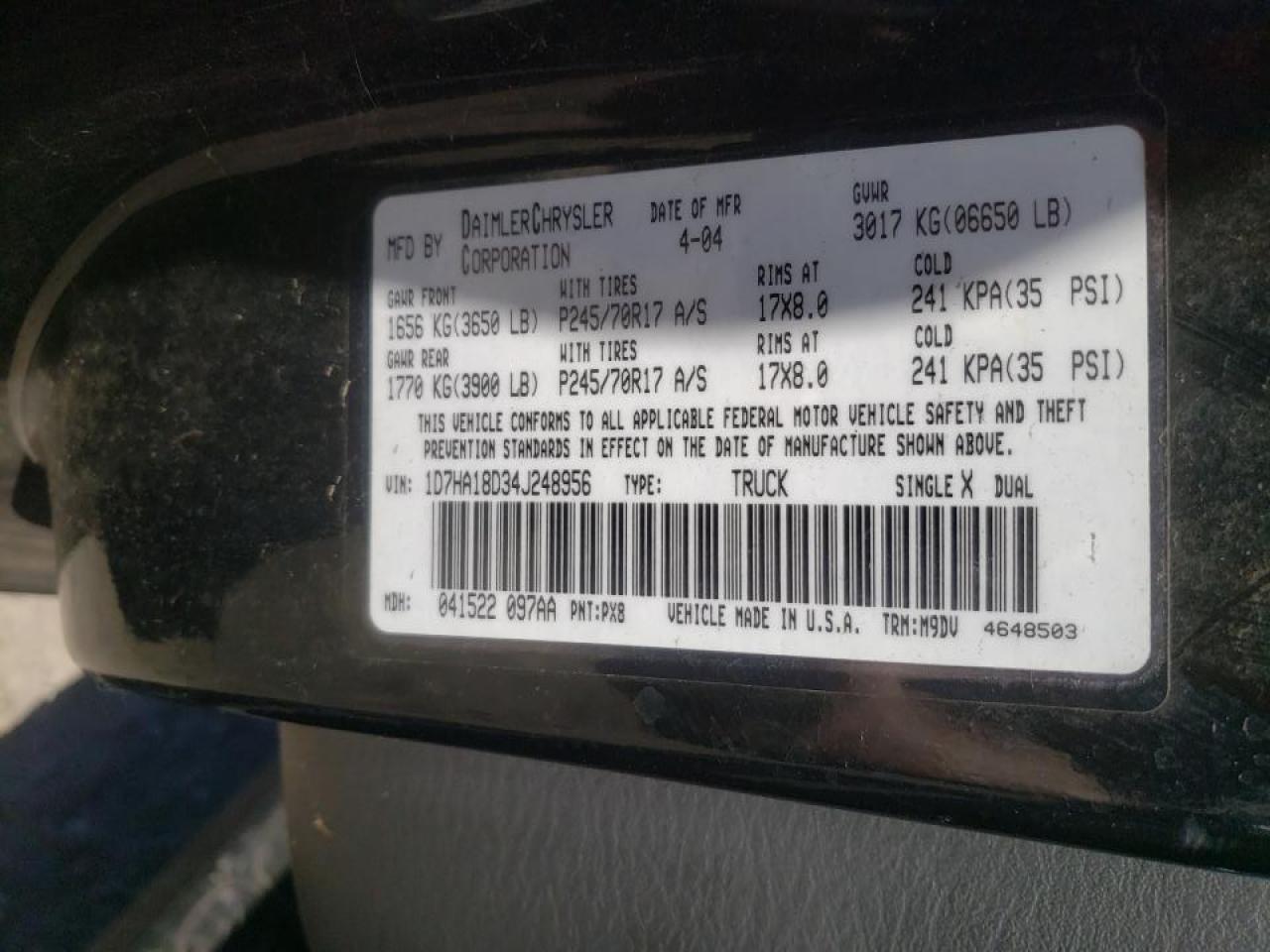 Photo 10 from auction – 2004 DODGE RAM 1500 S with VIN 1D7HA18D34J248956