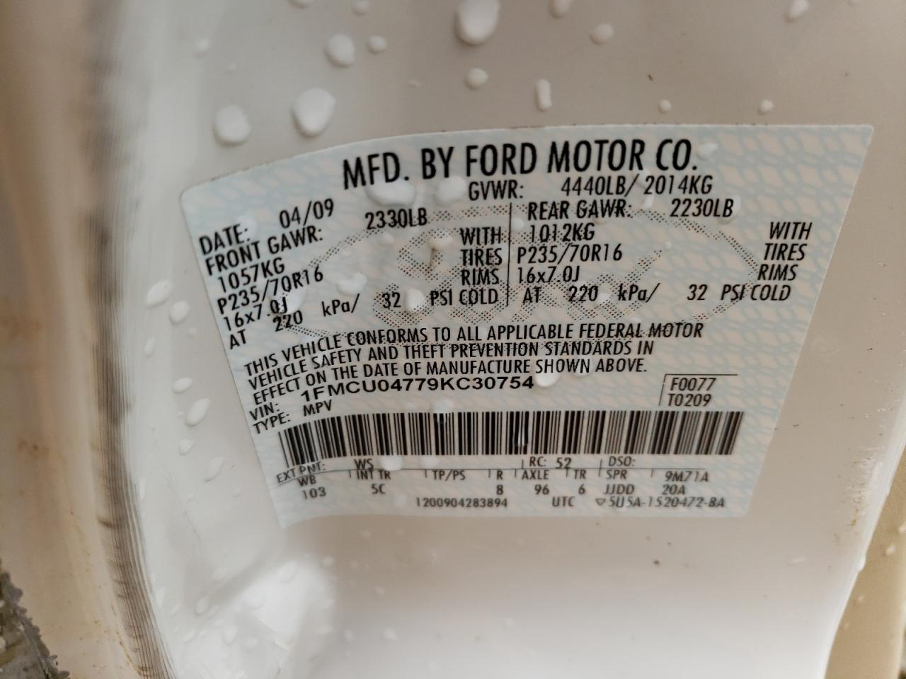 Photo 10 from auction – 2009 FORD ESCAPE LIM with VIN 1FMCU04779KC30754