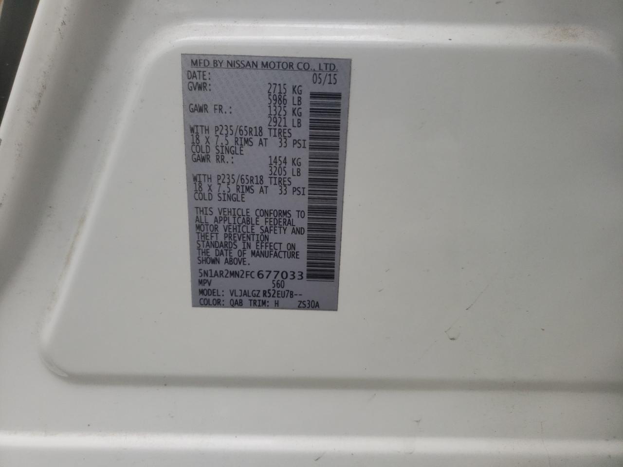 Photo 10 from auction – 2015 NISSAN PATHFINDER with VIN 5N1AR2MN2FC677033
