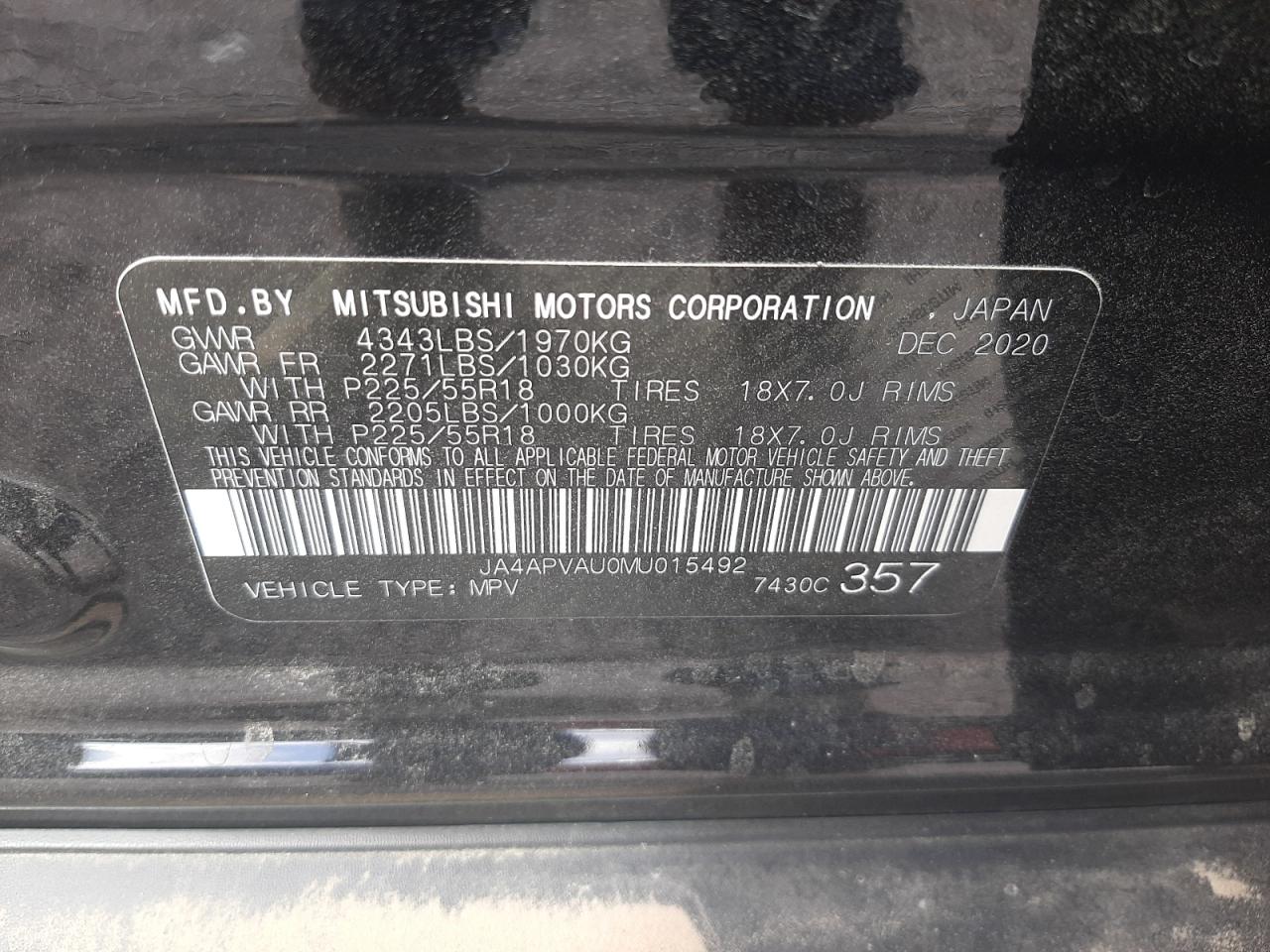 Photo 10 from auction – 2021 MITSUBISHI OUTLANDER with VIN JA4APVAU0MU015492