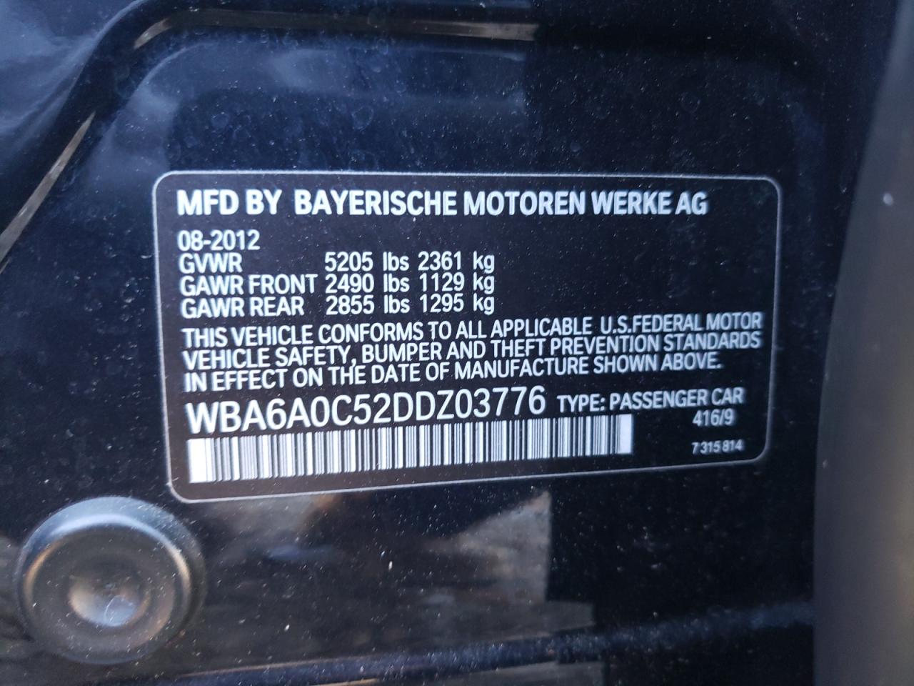 Photo 10 from auction – 2013 BMW 640 I with VIN WBA6A0C52DDZ03776