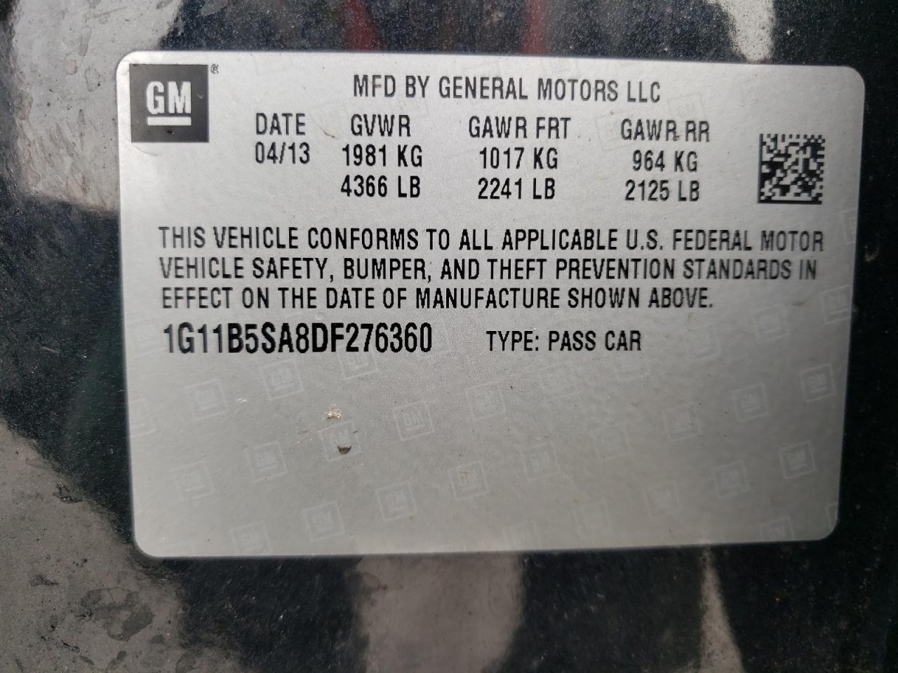 Photo 10 from auction – 2013 CHEVROLET MALIBU LS with VIN 1G11B5SA8DF276360