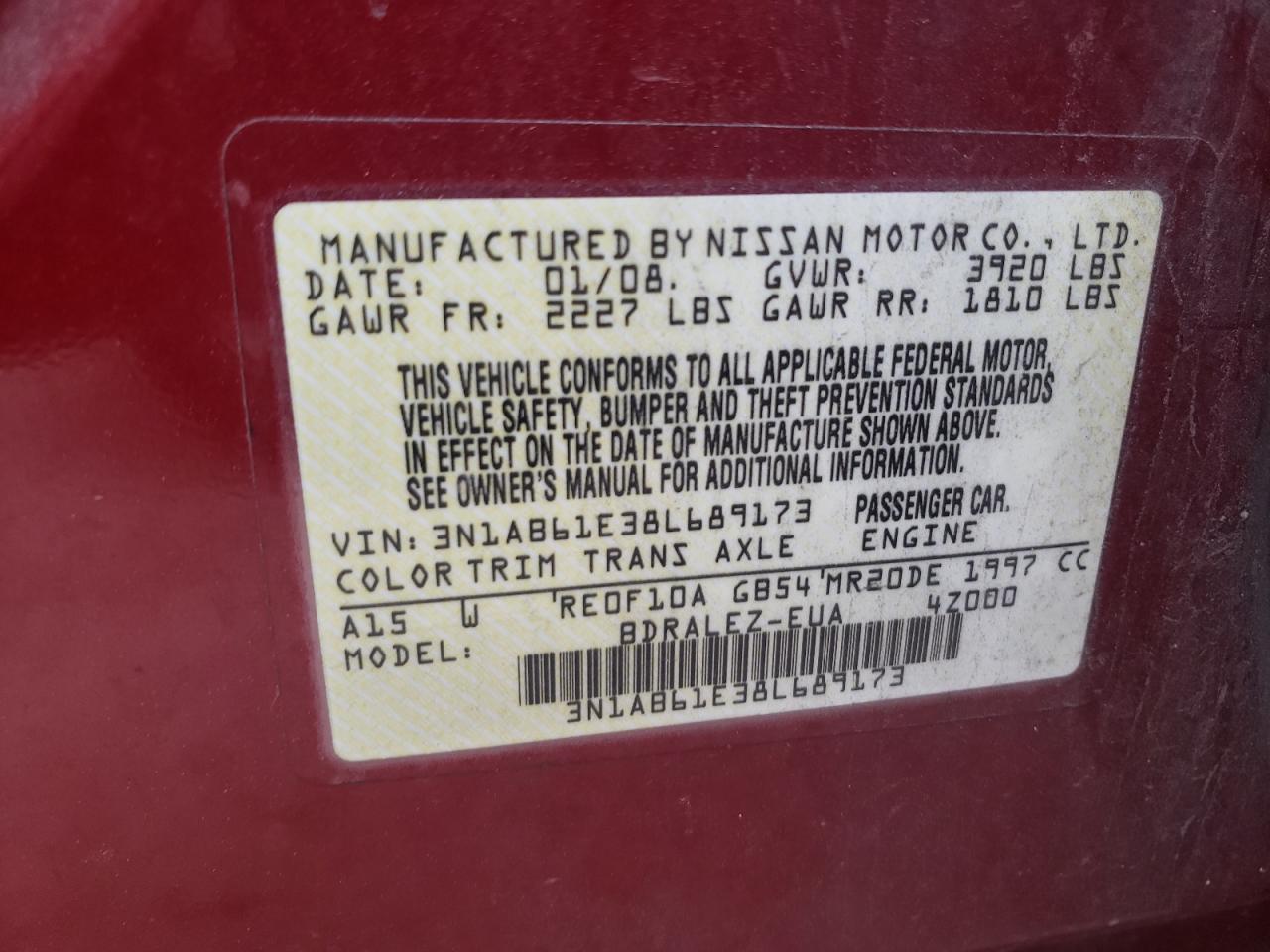 Photo 10 from auction – 2008 NISSAN SENTRA 2.0 with VIN 3N1AB61E38L689173