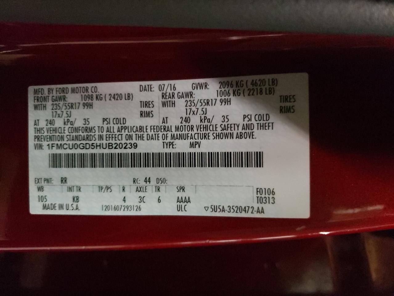 Photo 10 from auction – 2017 FORD ESCAPE SE with VIN 1FMCU0GD5HUB20239