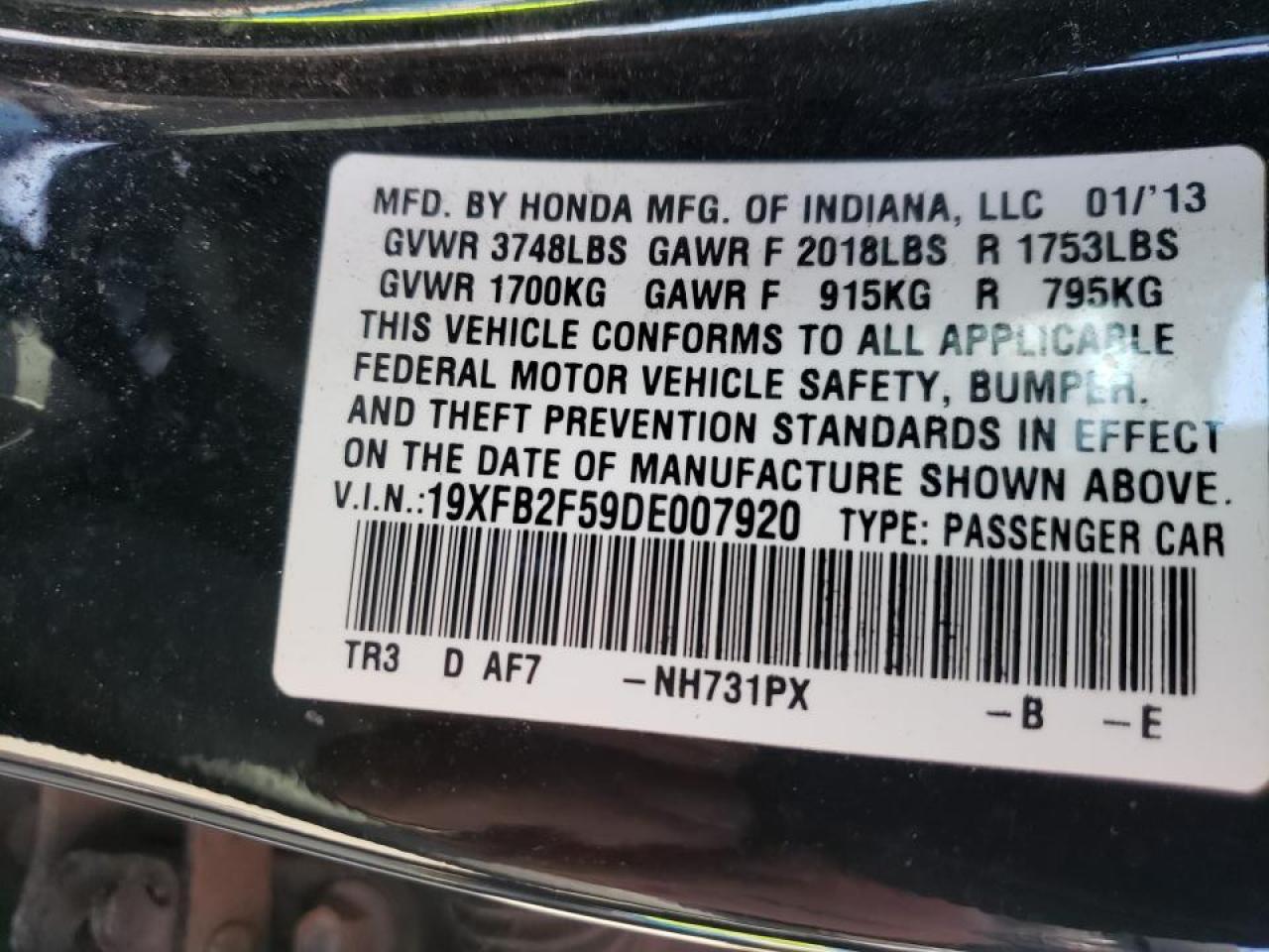 Photo 10 from auction – 2013 HONDA CIVIC LX with VIN 19XFB2F59DE007920