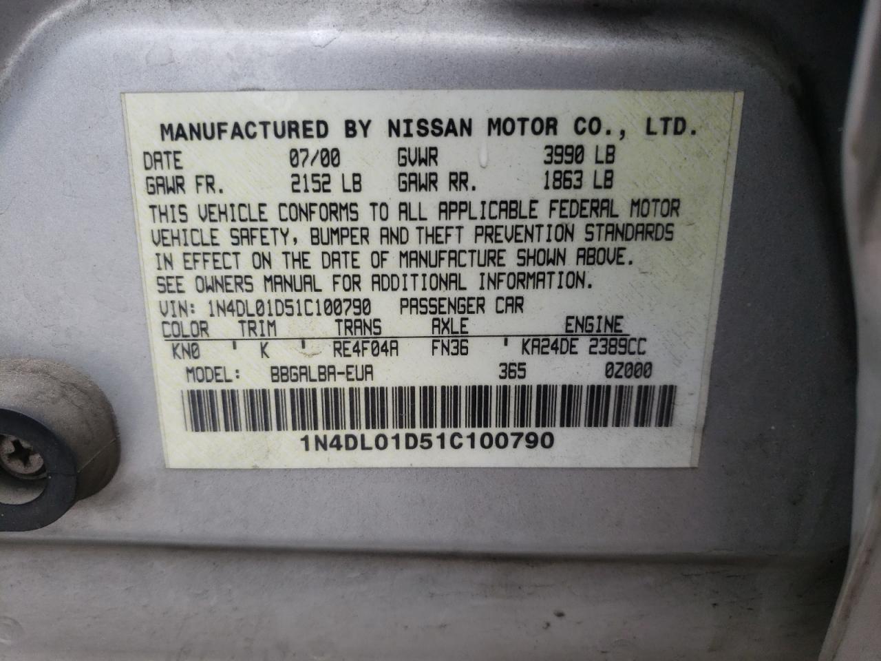 Photo 10 from auction – 2001 NISSAN ALTIMA with VIN 1N4DL01D51C100790
