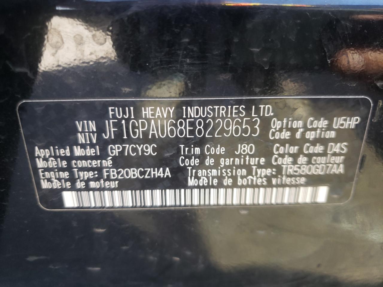 Photo 10 from auction – 2014 SUBARU IMPREZA SP with VIN JF1GPAU68E8229653