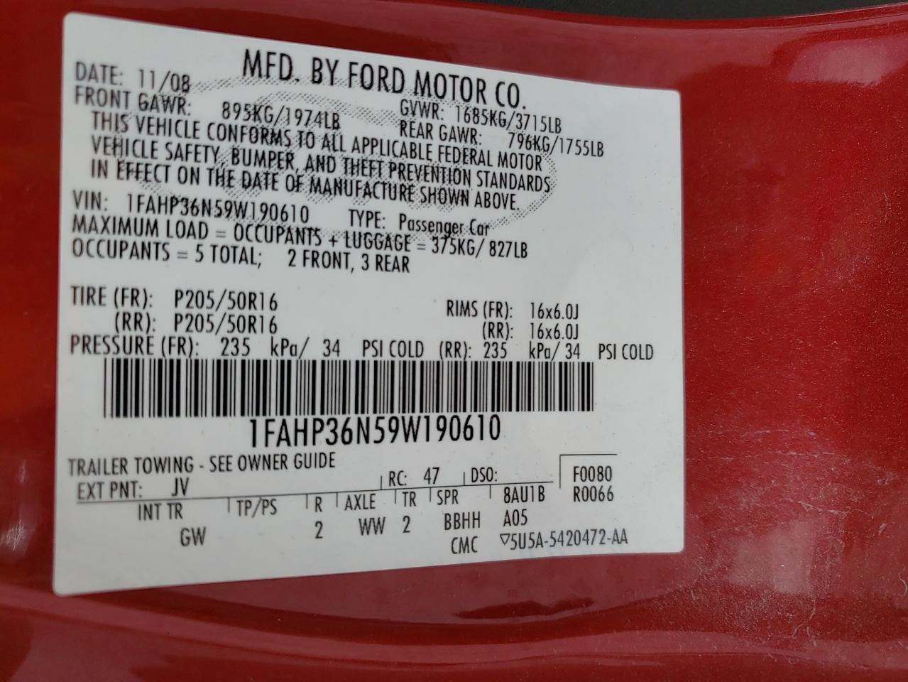 Photo 10 from auction – 2009 FORD FOCUS with VIN 1FAHP36N59W190610