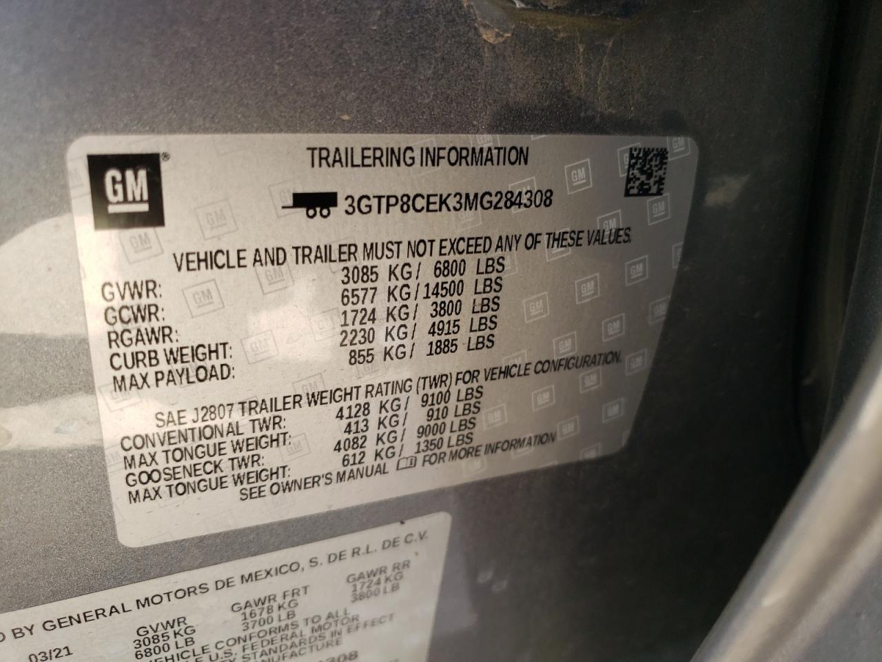 Photo 10 from auction – 2021 GMC SIERRA C15 with VIN 3GTP8CEK3MG284308