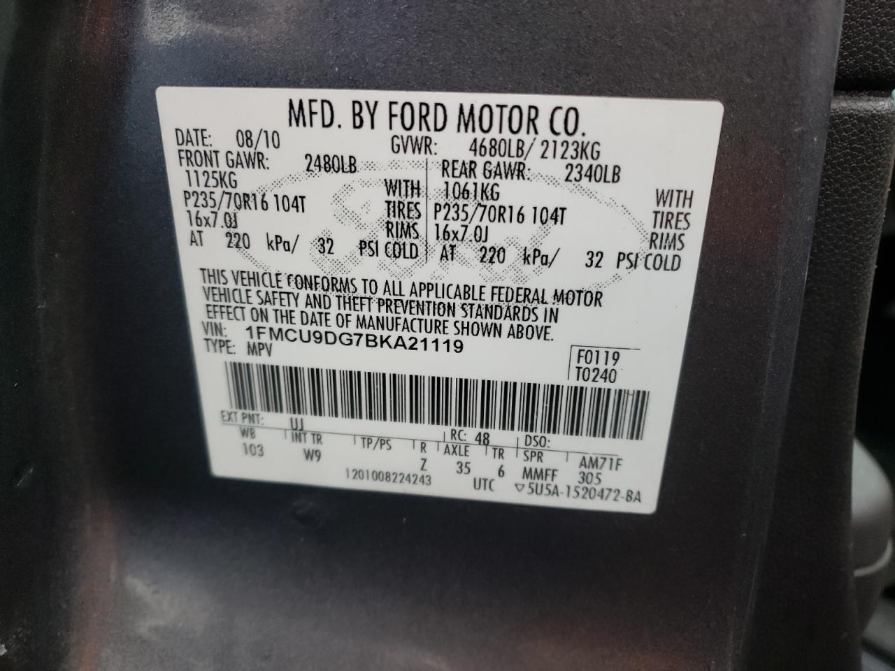 Photo 10 from auction – 2011 FORD ESCAPE XLT with VIN 1FMCU9DG7BKA21119
