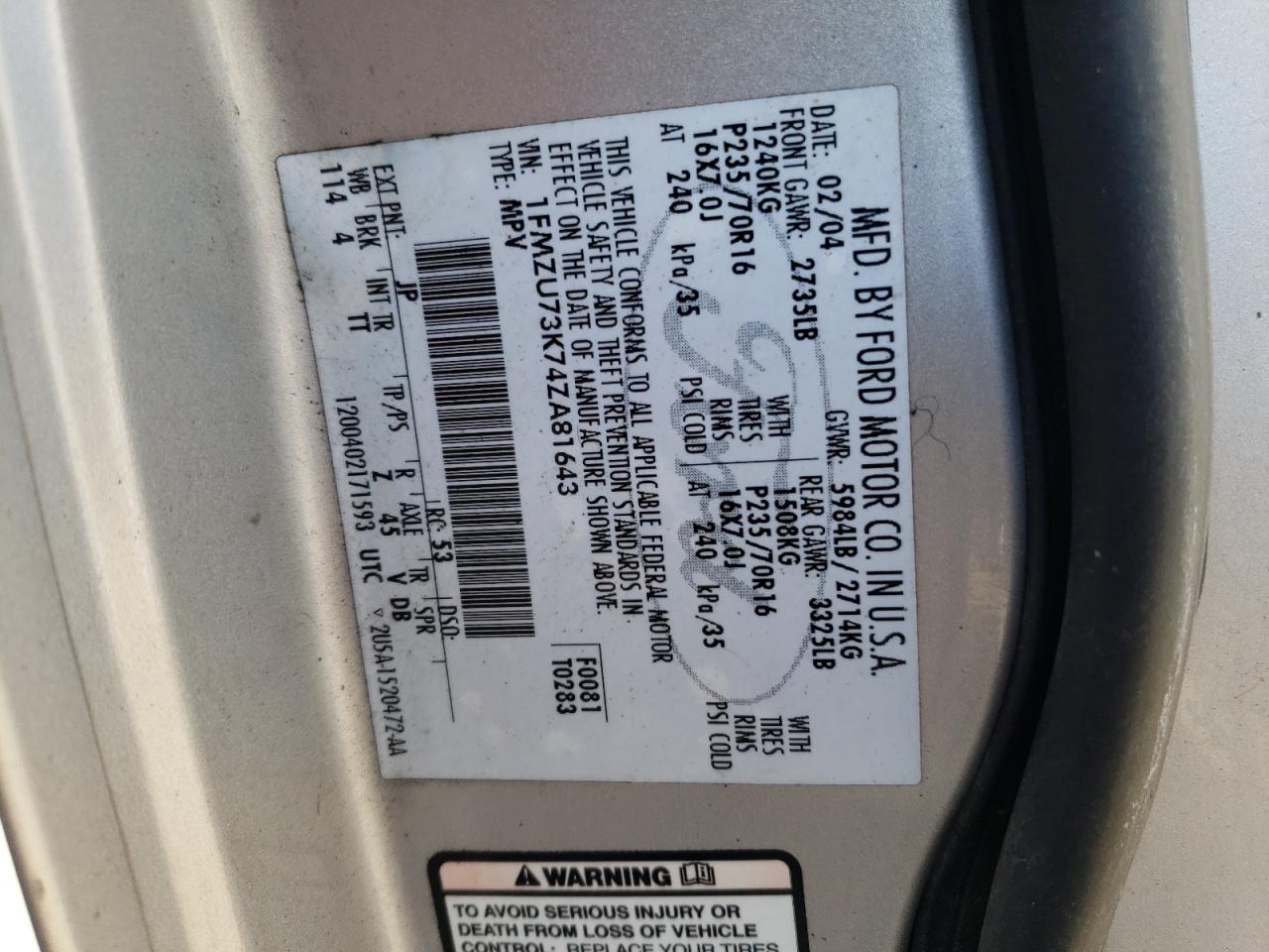 Photo 10 from auction – 2004 FORD EXPLORER X with VIN 1FMZU73K74ZA81643