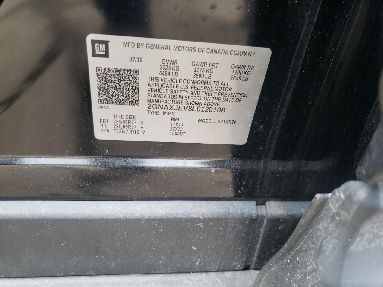 Photo 10 from auction – 2020 CHEVROLET EQUINOX LT with VIN 2GNAXJEV8L6120108