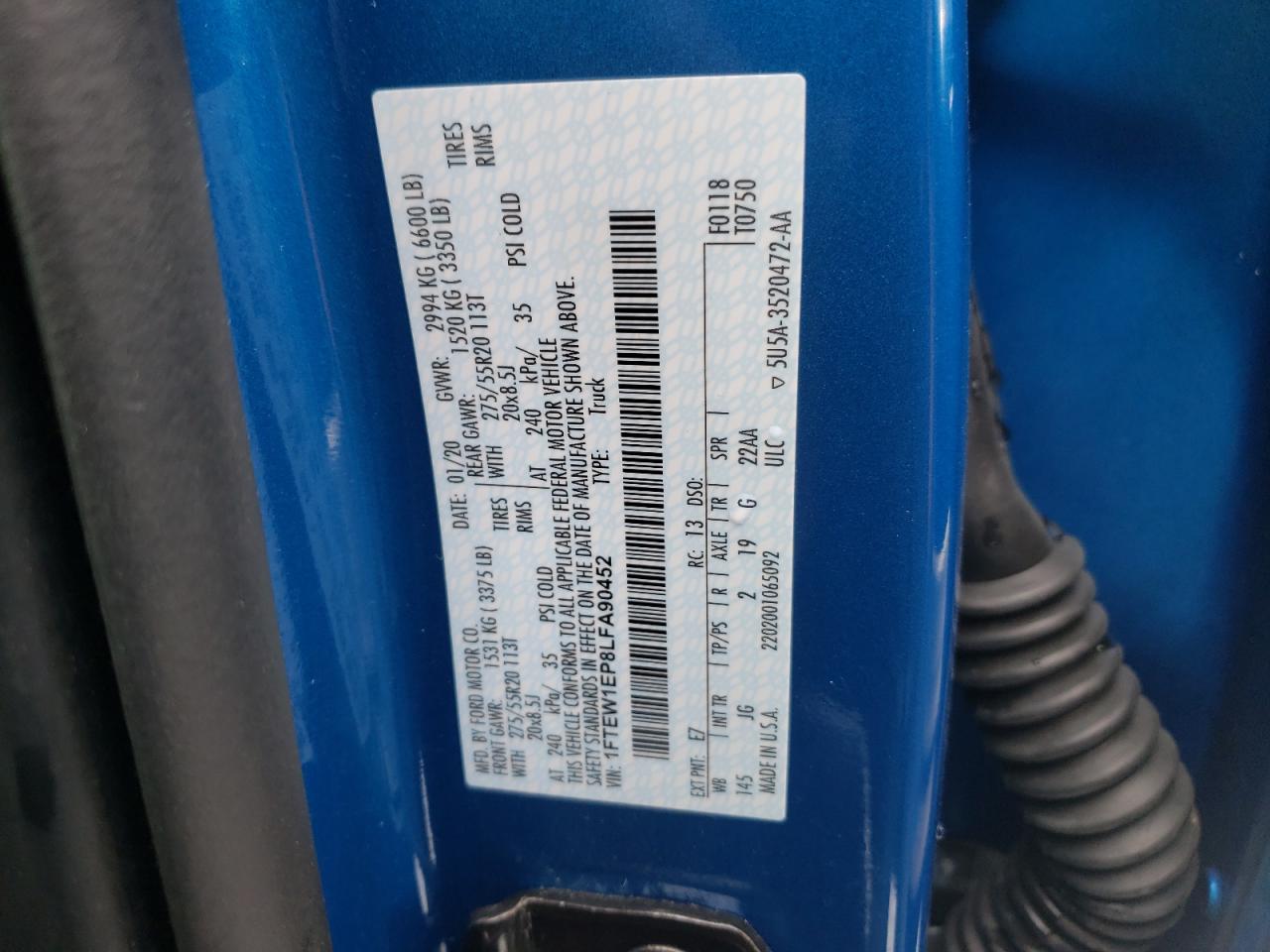 Photo 10 from auction – 2020 FORD F150 SUPER with VIN 1FTEW1EP8LFA90452