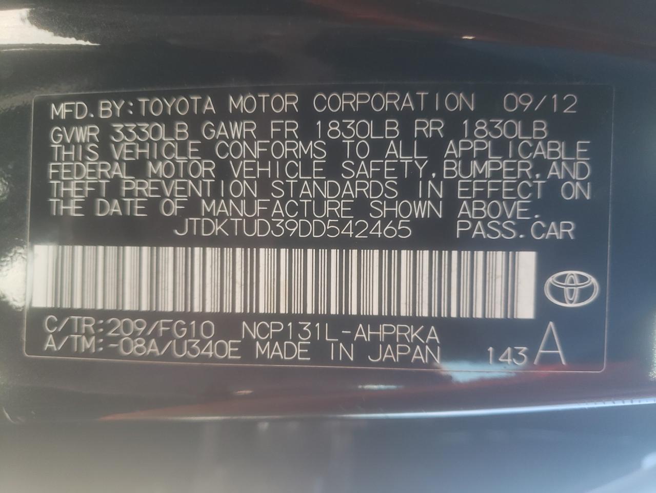 Photo 10 from auction – 2013 TOYOTA YARIS with VIN JTDKTUD39DD542465