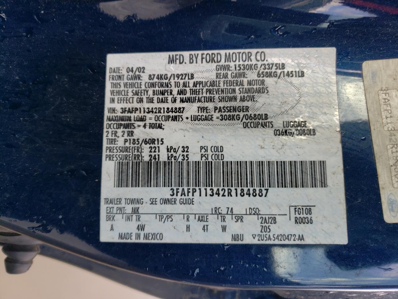 Photo 10 from auction – 2002 FORD ESCORT ZX2 with VIN 3FAFP11342R184887