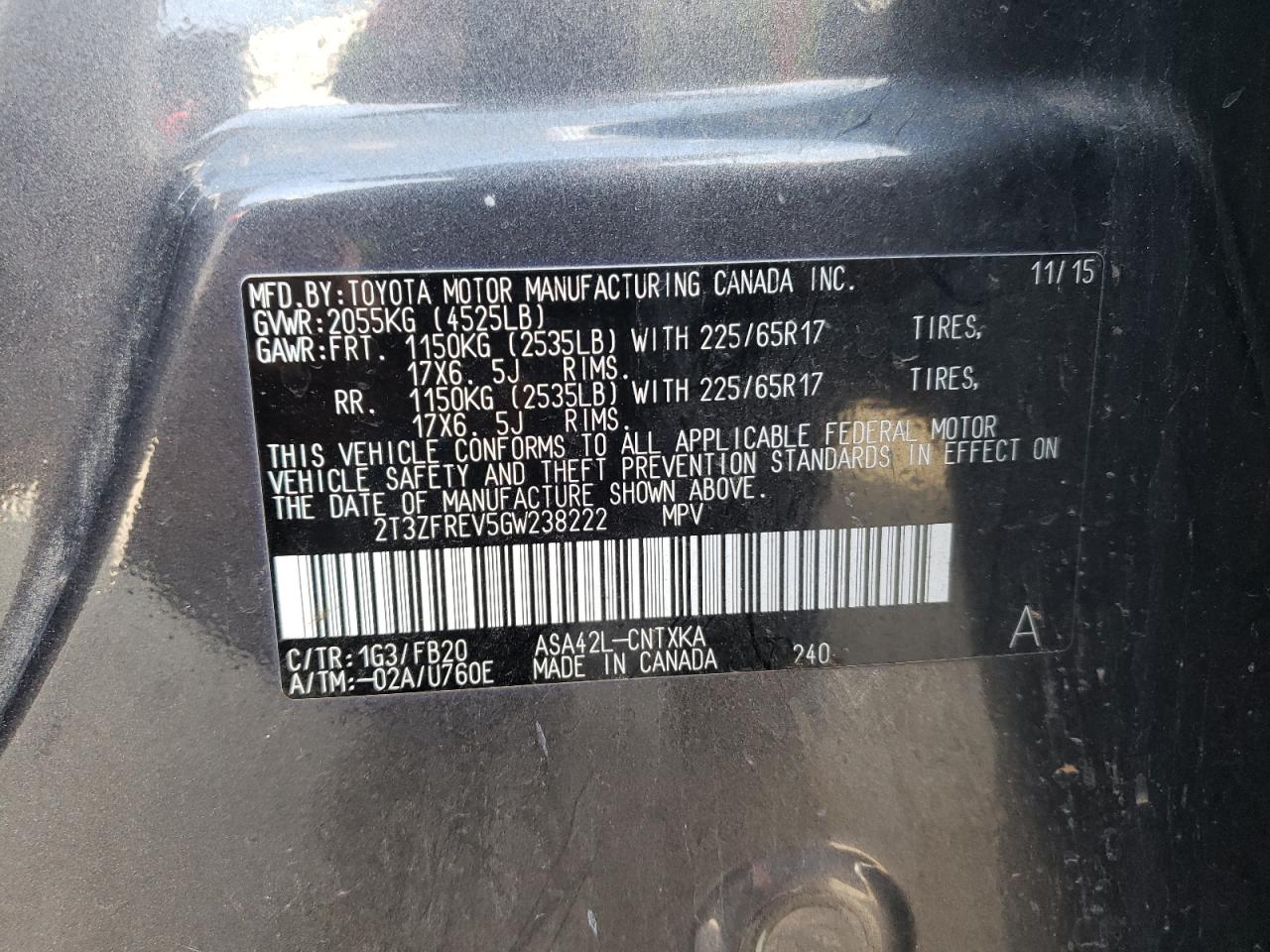 Photo 10 from auction – 2016 TOYOTA RAV4 LE with VIN 2T3ZFREV5GW238222