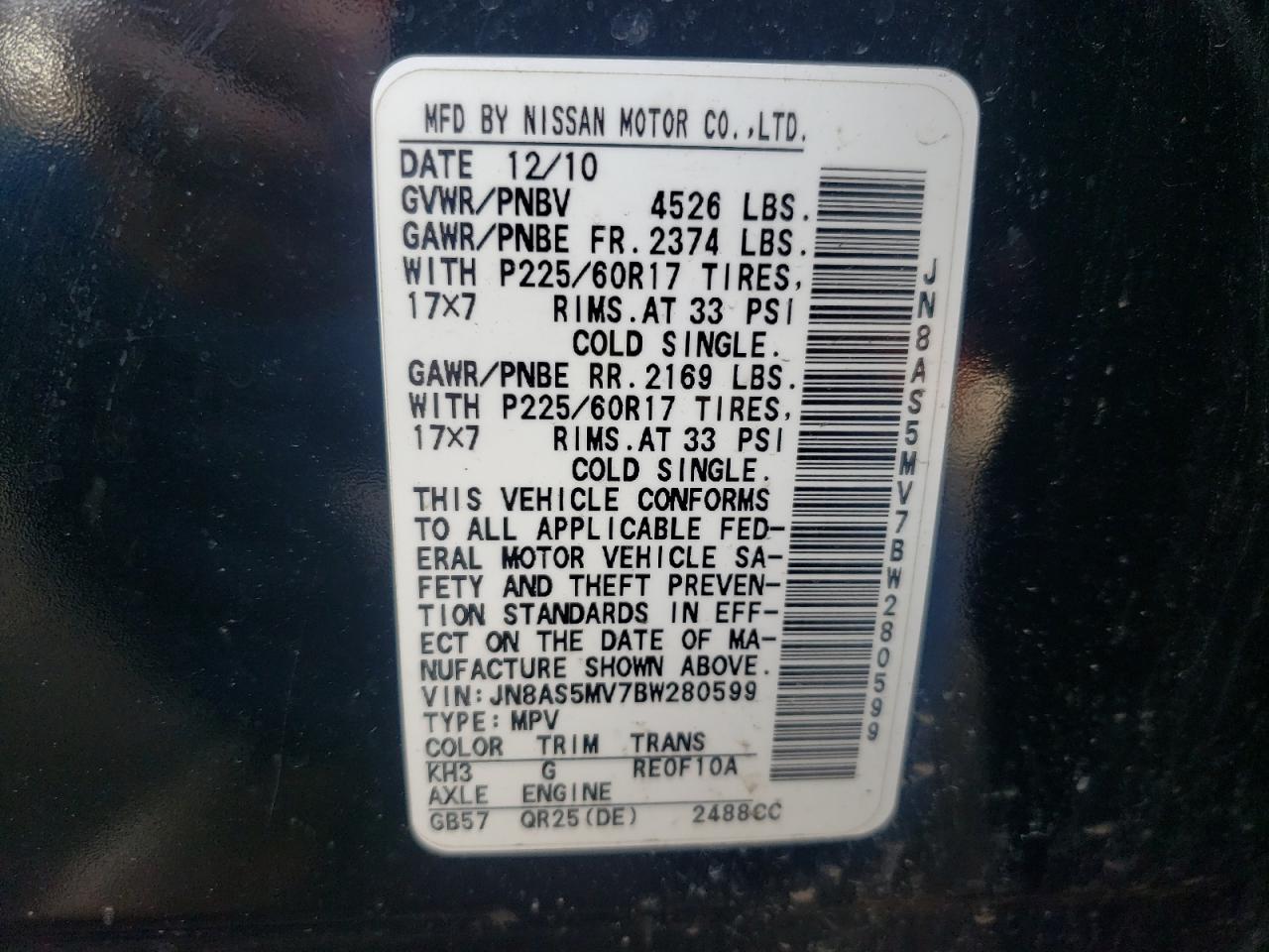 Photo 10 from auction – 2011 NISSAN ROGUE S with VIN JN8AS5MV7BW280599