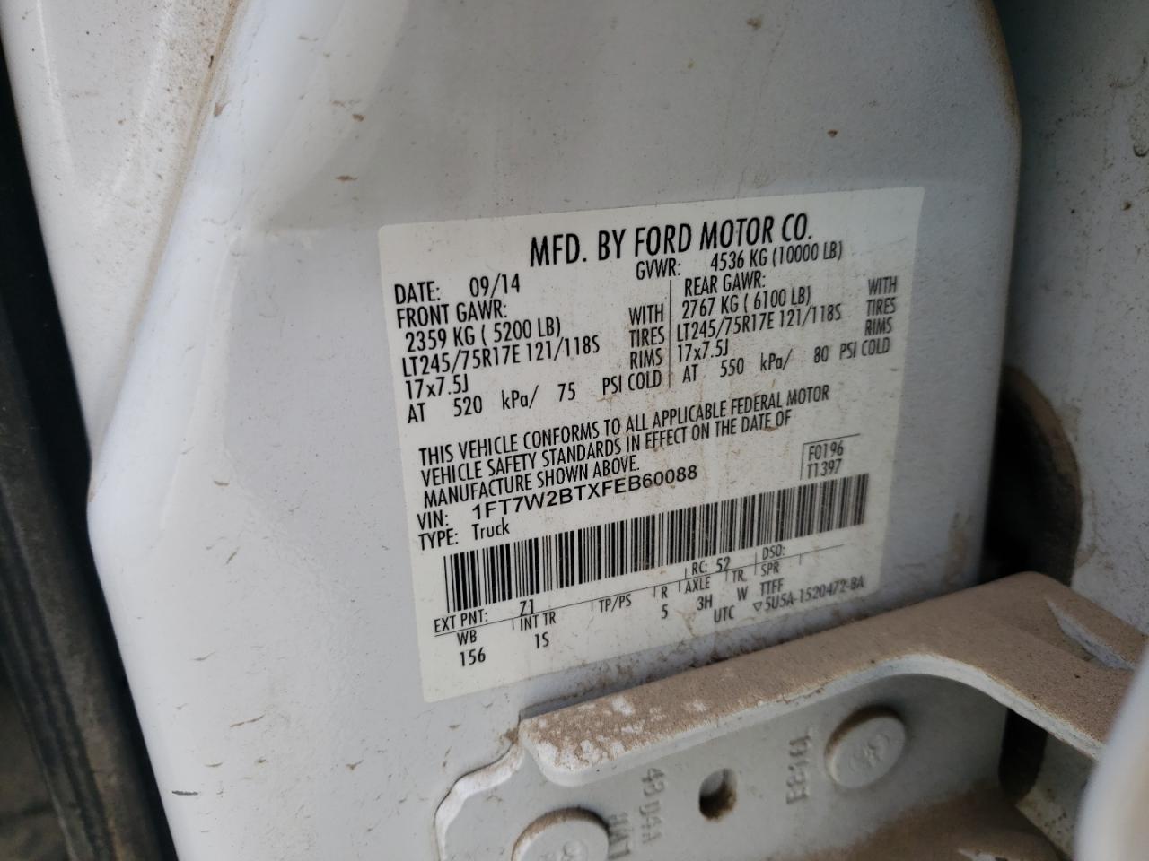 Photo 10 from auction – 2015 FORD F250 SUPER with VIN 1FT7W2BTXFEB60088