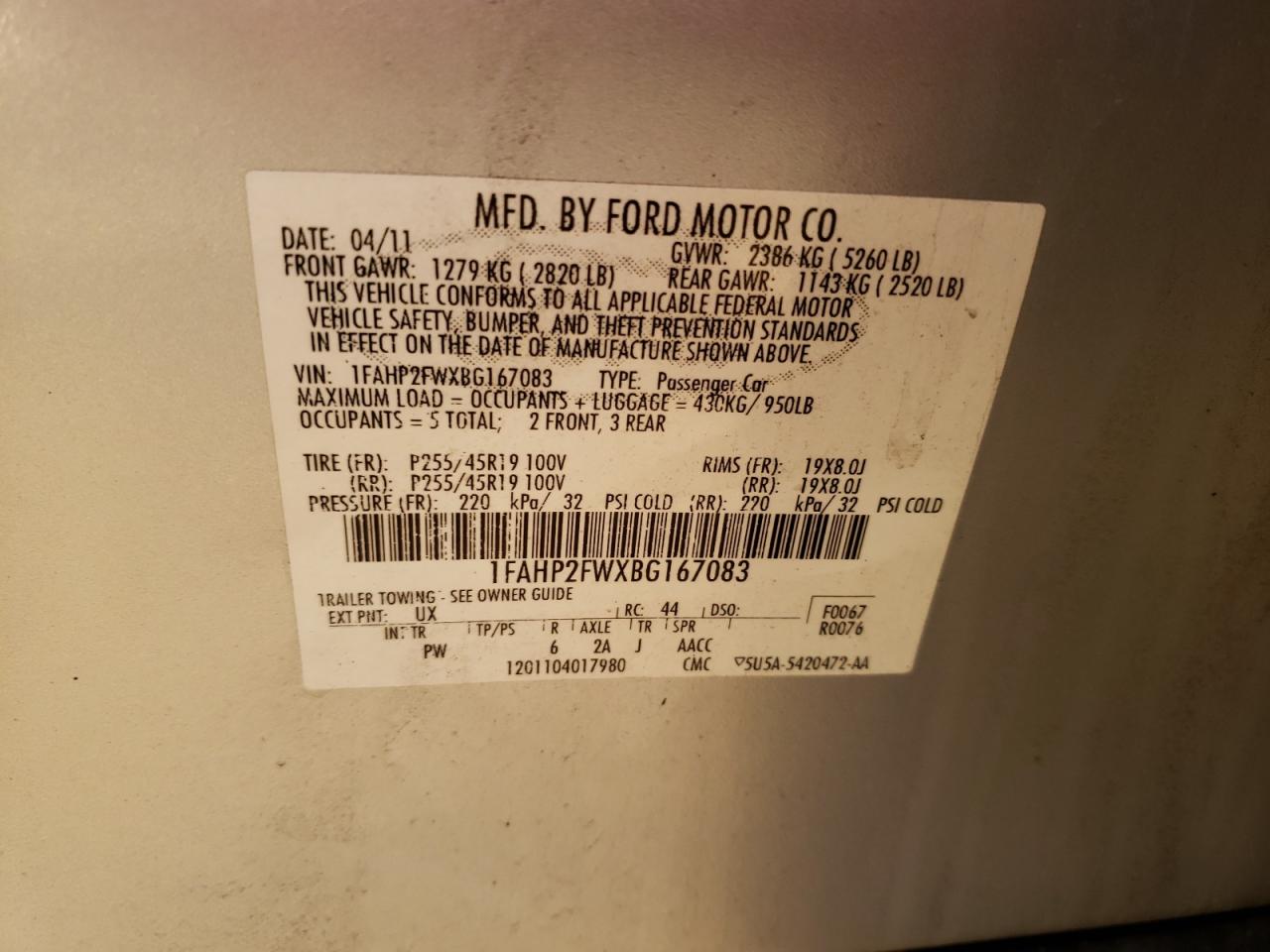 Photo 10 from auction – 2011 FORD TAURUS LIM with VIN 1FAHP2FWXBG167083