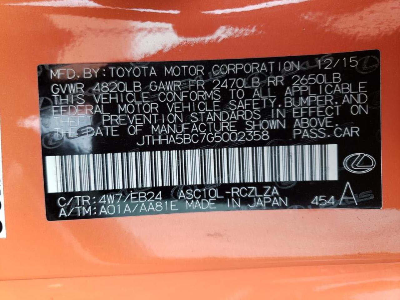 Photo 10 from auction – 2016 LEXUS RC 200T with VIN JTHHA5BC7G5002358