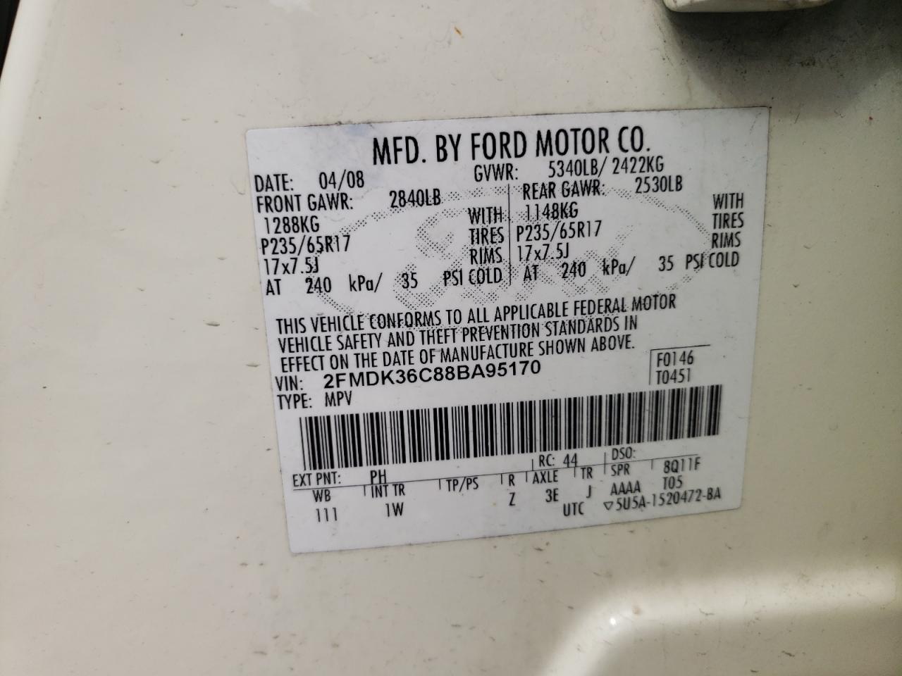 Photo 10 from auction – 2008 FORD EDGE SE with VIN 2FMDK36C88BA95170
