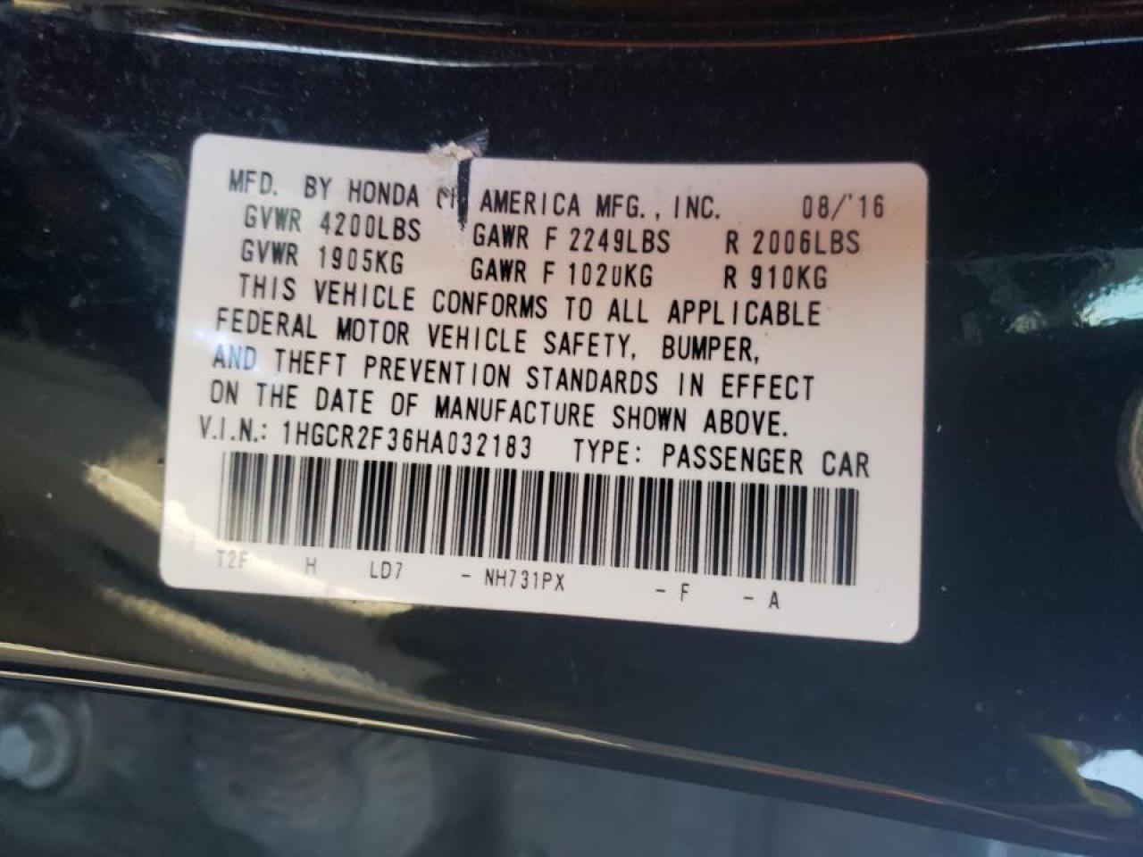 Photo 10 from auction – 2017 HONDA ACCORD LX with VIN 1HGCR2F36HA032183