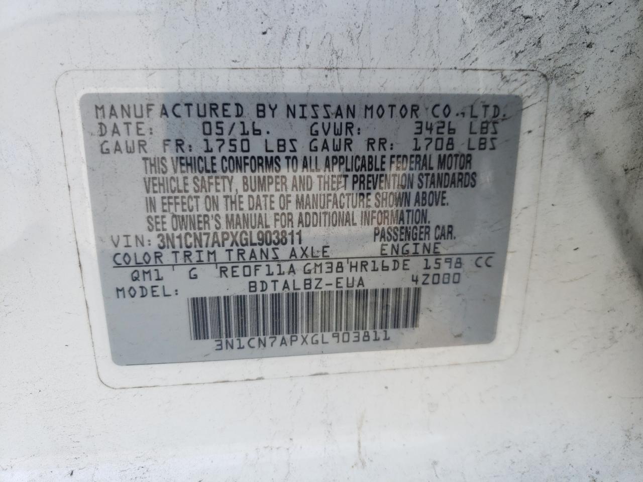 Photo 10 from auction – 2016 NISSAN VERSA S with VIN 3N1CN7APXGL903811