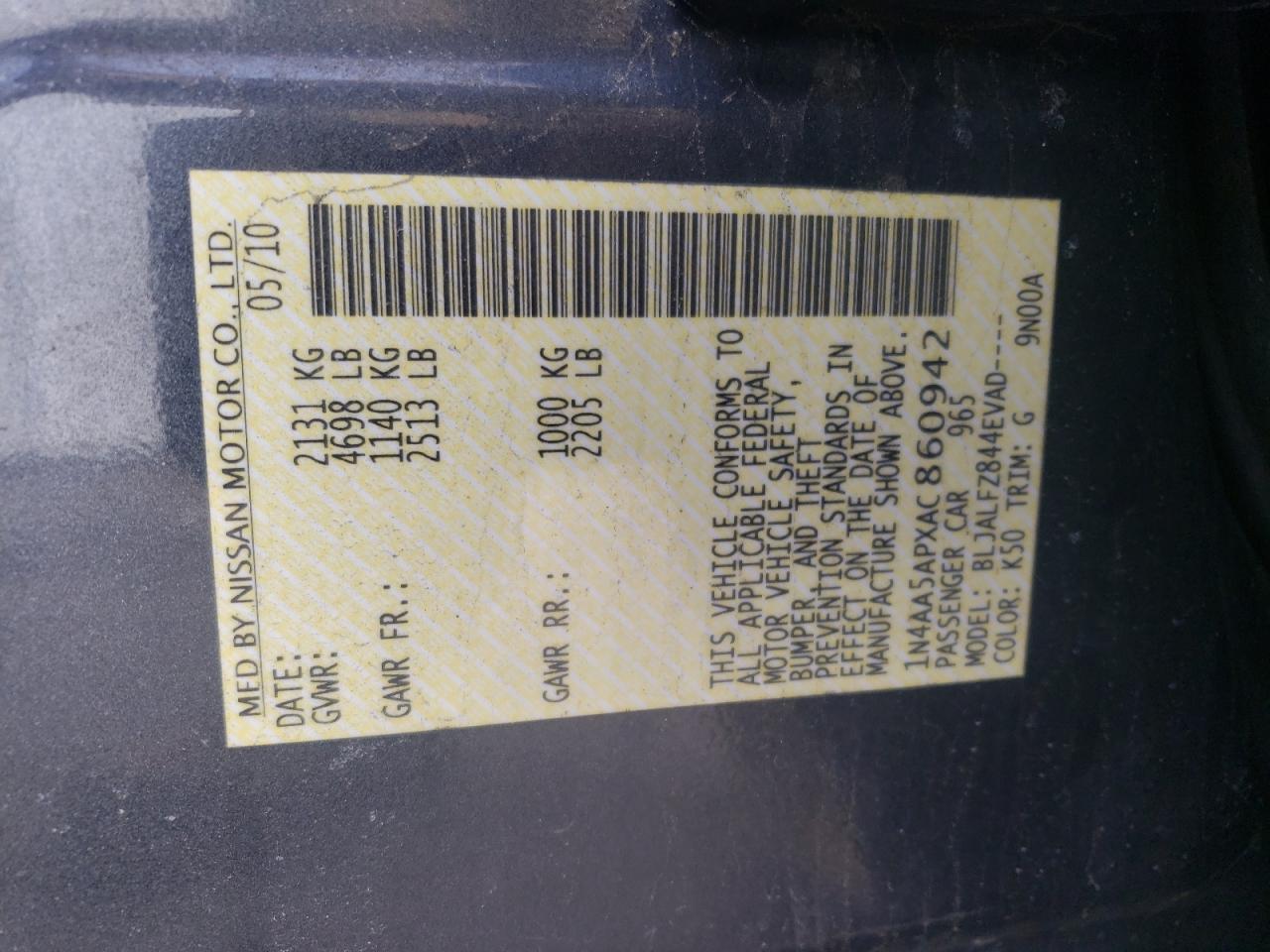 Photo 10 from auction – 2010 NISSAN MAXIMA S with VIN 1N4AA5APXAC860942