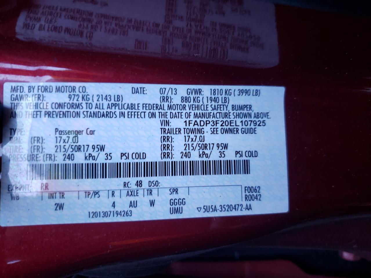 Photo 10 from auction – 2014 FORD FOCUS SE with VIN 1FADP3F20EL107925