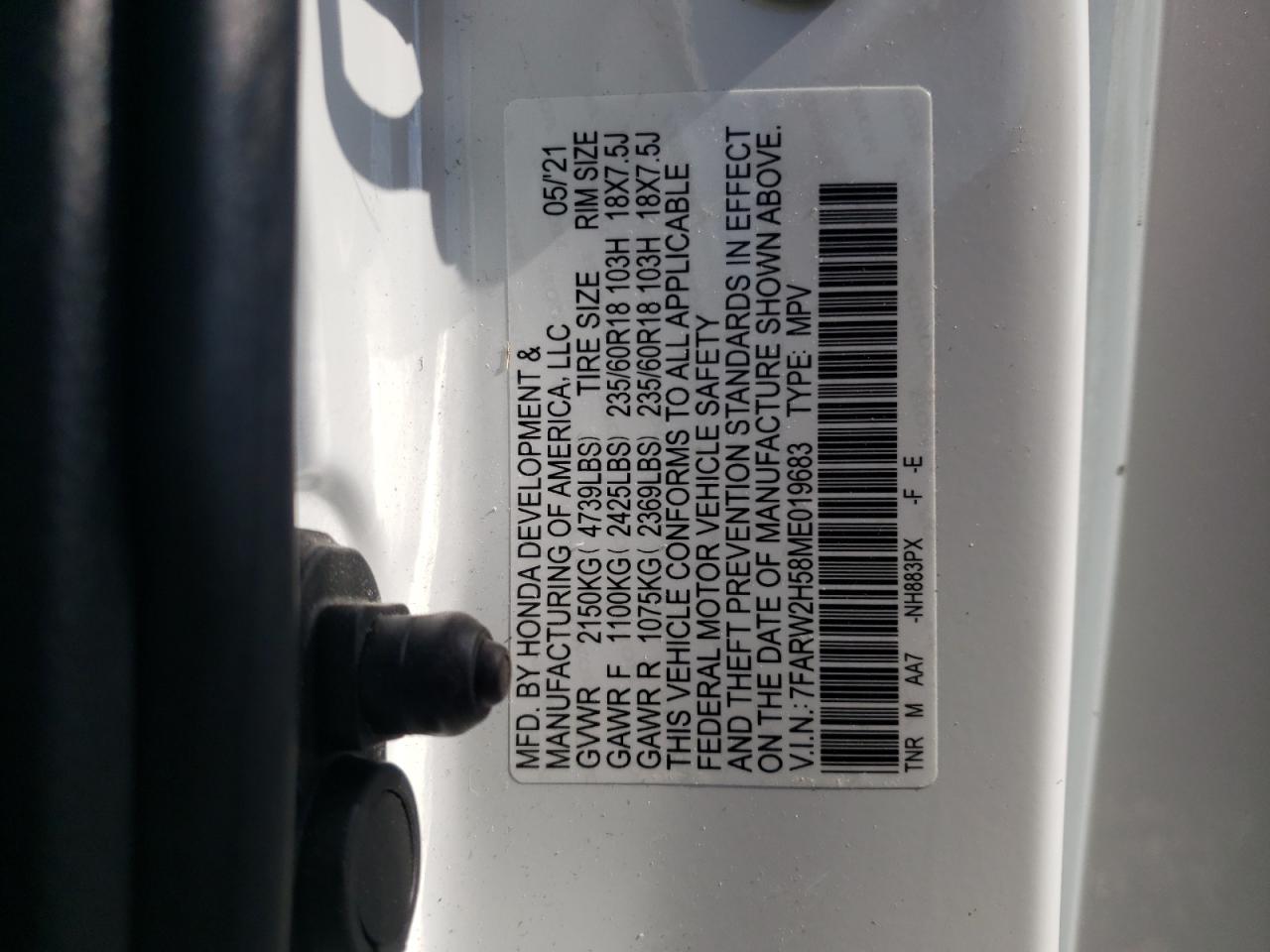 Photo 10 from auction – 2021 HONDA CR-V EX with VIN 7FARW2H58ME019683