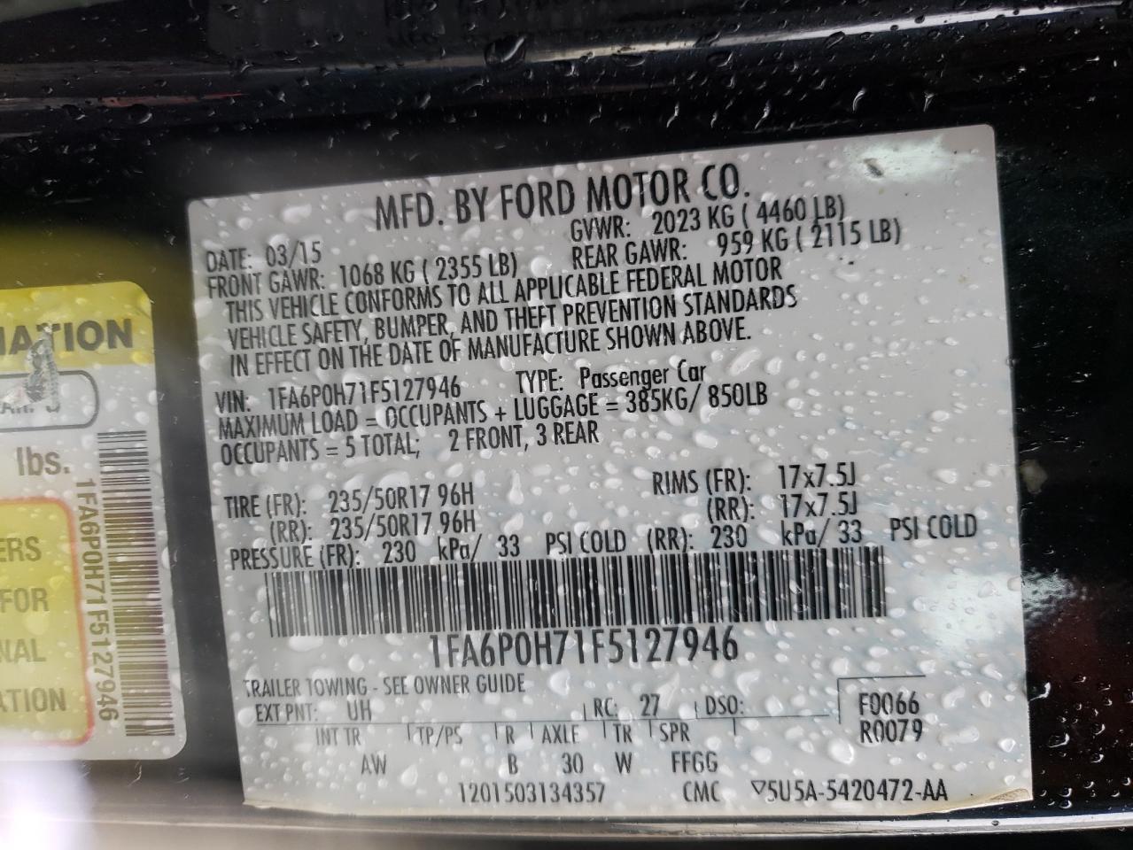 Photo 10 from auction – 2015 FORD FUSION SE with VIN 1FA6P0H71F5127946
