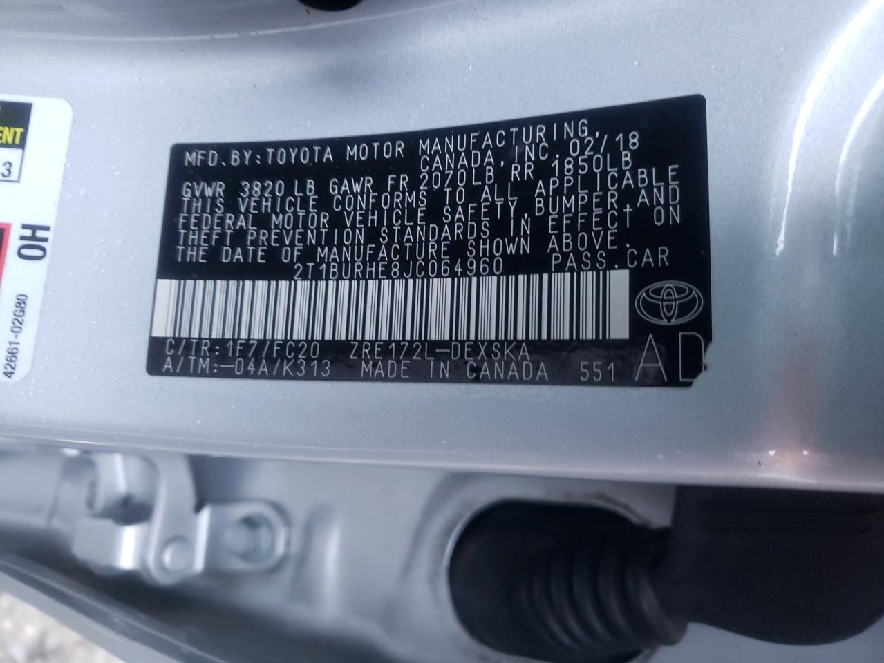Photo 10 from auction – 2018 TOYOTA COROLLA L with VIN 2T1BURHE8JC064960